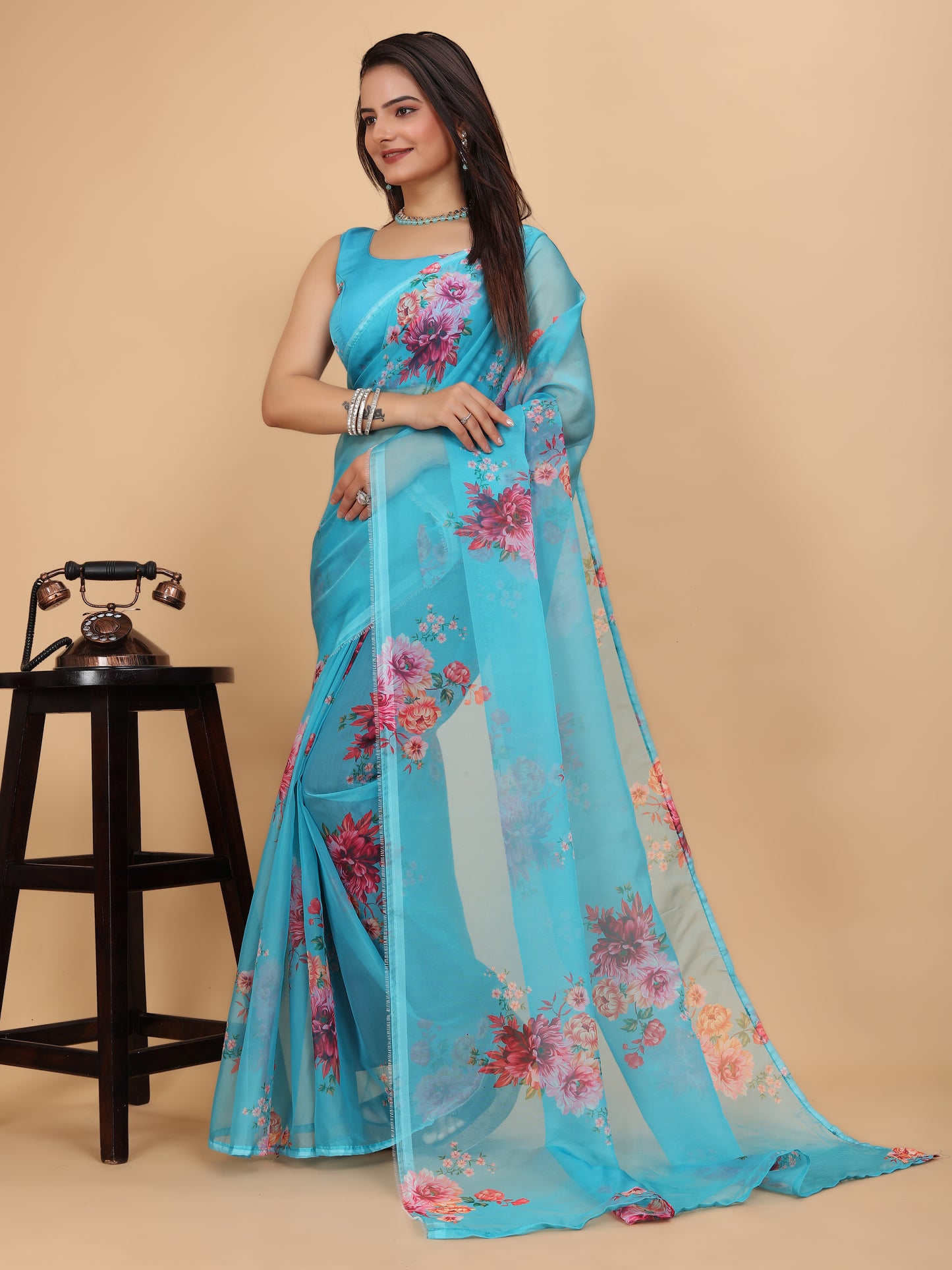 MK WOMEN'S Women's Latest Ethnic Wear Soft Organza Saree (5.5m) With All Over Digital Print With Blouse (85cm) Piece For Partywear Pack Of 1