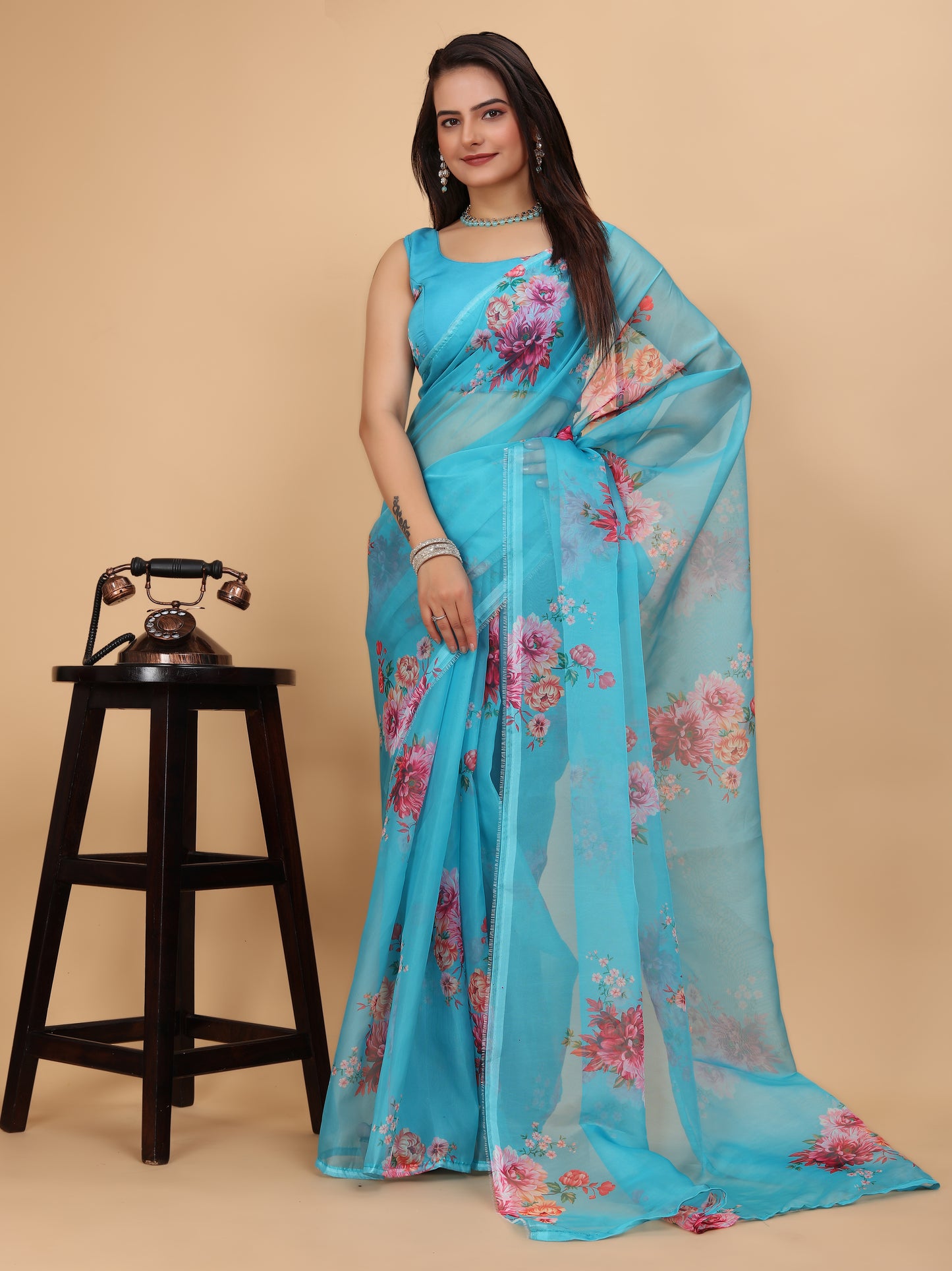 MK WOMEN'S Women's Latest Ethnic Wear Soft Organza Saree (5.5m) With All Over Digital Print With Blouse (85cm) Piece For Partywear Pack Of 1