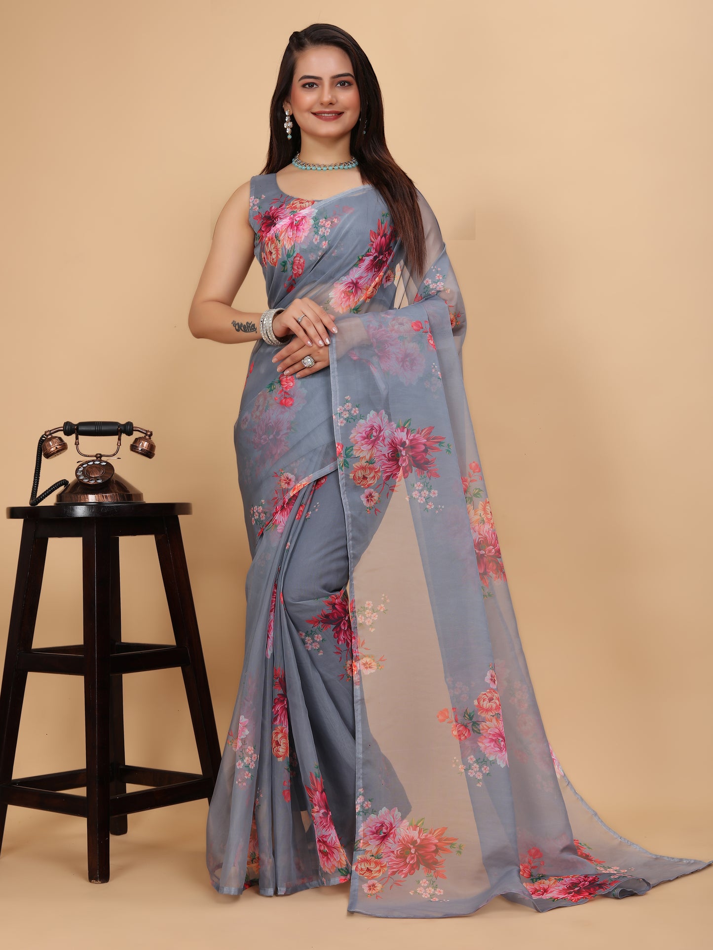 MK WOMEN'S Women's Latest Ethnic Wear Soft Organza Saree (5.5m) With All Over Digital Print With Blouse (85cm) Piece For Partywear Pack Of 1