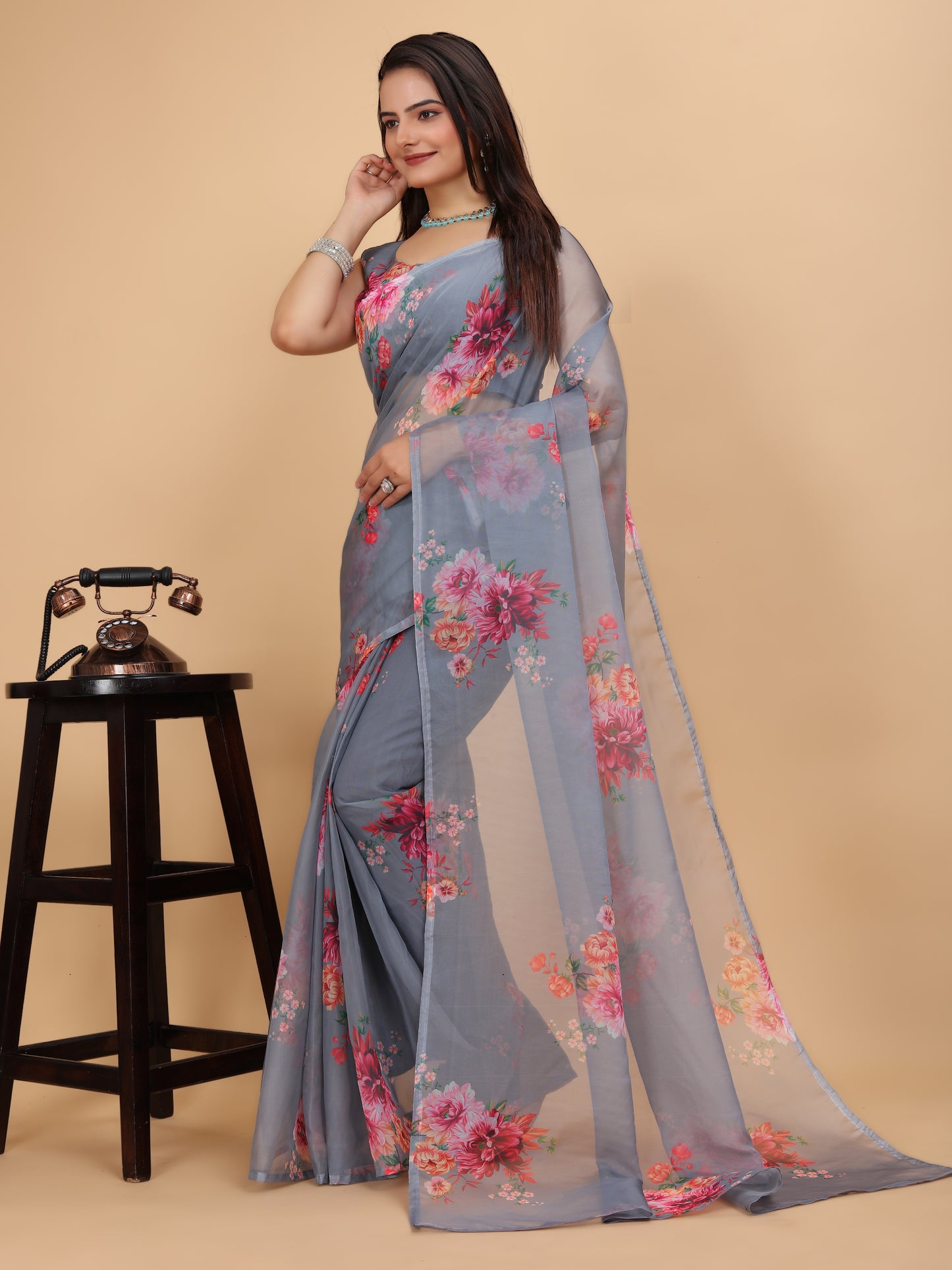 MK WOMEN'S Women's Latest Ethnic Wear Soft Organza Saree (5.5m) With All Over Digital Print With Blouse (85cm) Piece For Partywear Pack Of 1