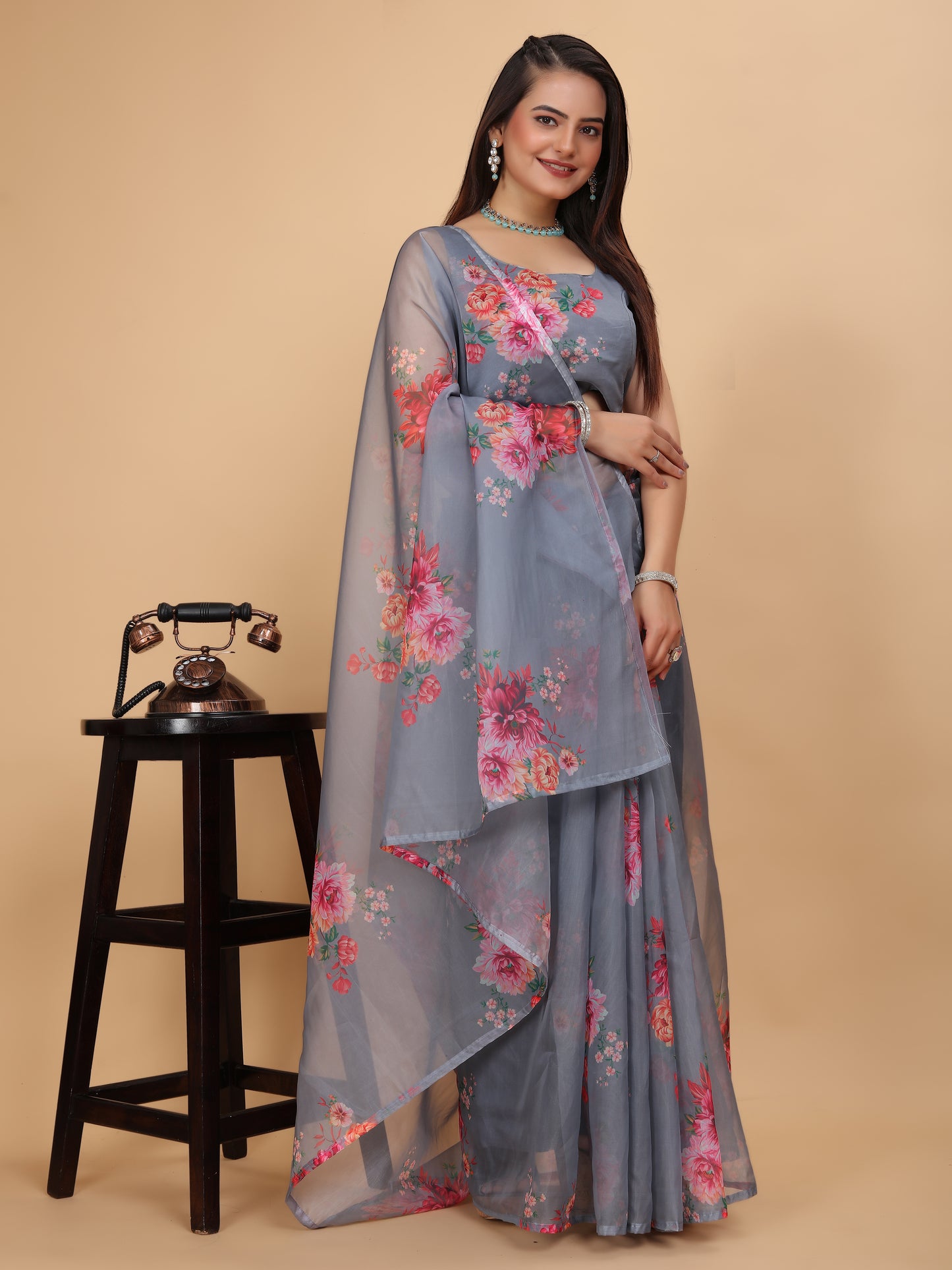 MK WOMEN'S Women's Latest Ethnic Wear Soft Organza Saree (5.5m) With All Over Digital Print With Blouse (85cm) Piece For Partywear Pack Of 1