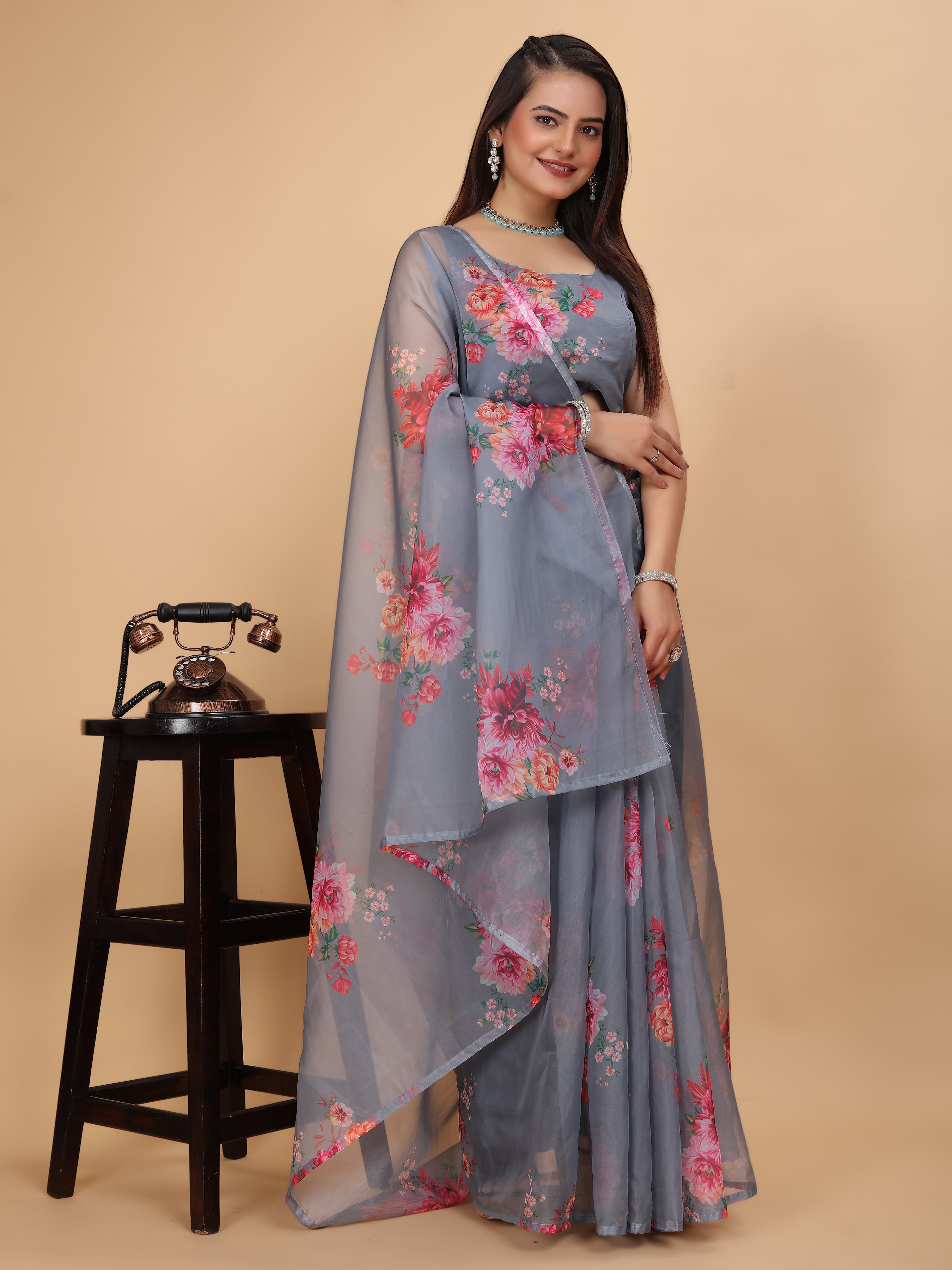 MK WOMEN'S Women's Latest Ethnic Wear Soft Organza Saree (5.5m) With All Over Digital Print With Blouse (85cm) Piece For Partywear Pack Of 1