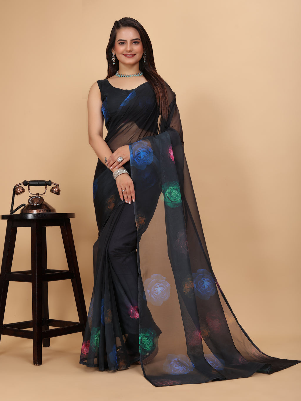MK FASHION Women's Saree Soft Organza Silk Saree (5.5 m) With All Over Digital Print With Blouse Piece (85cm) For Partywear Pack Of 1.