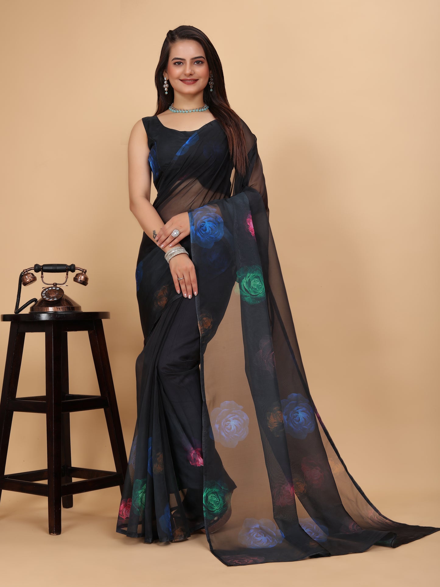 MK FASHION Women's Saree Soft Organza Silk Saree (5.5 m) With All Over Digital Print With Blouse Piece (85cm) For Partywear Pack Of 1.