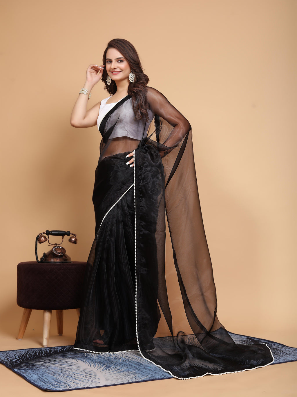MK WOMEN'S Latest Ethnic wear Organza Saree With Pearls Border Saree With Blouse Piece Pack Of 1.