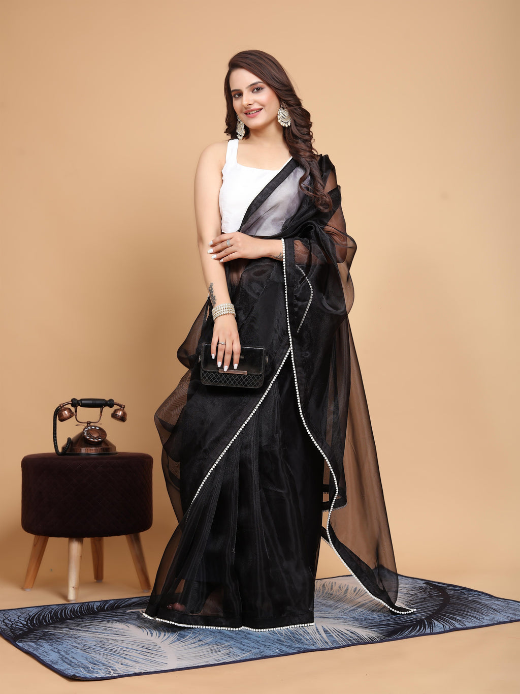 MK WOMEN'S Latest Ethnic wear Organza Saree With Pearls Border Saree With Blouse Piece Pack Of 1.