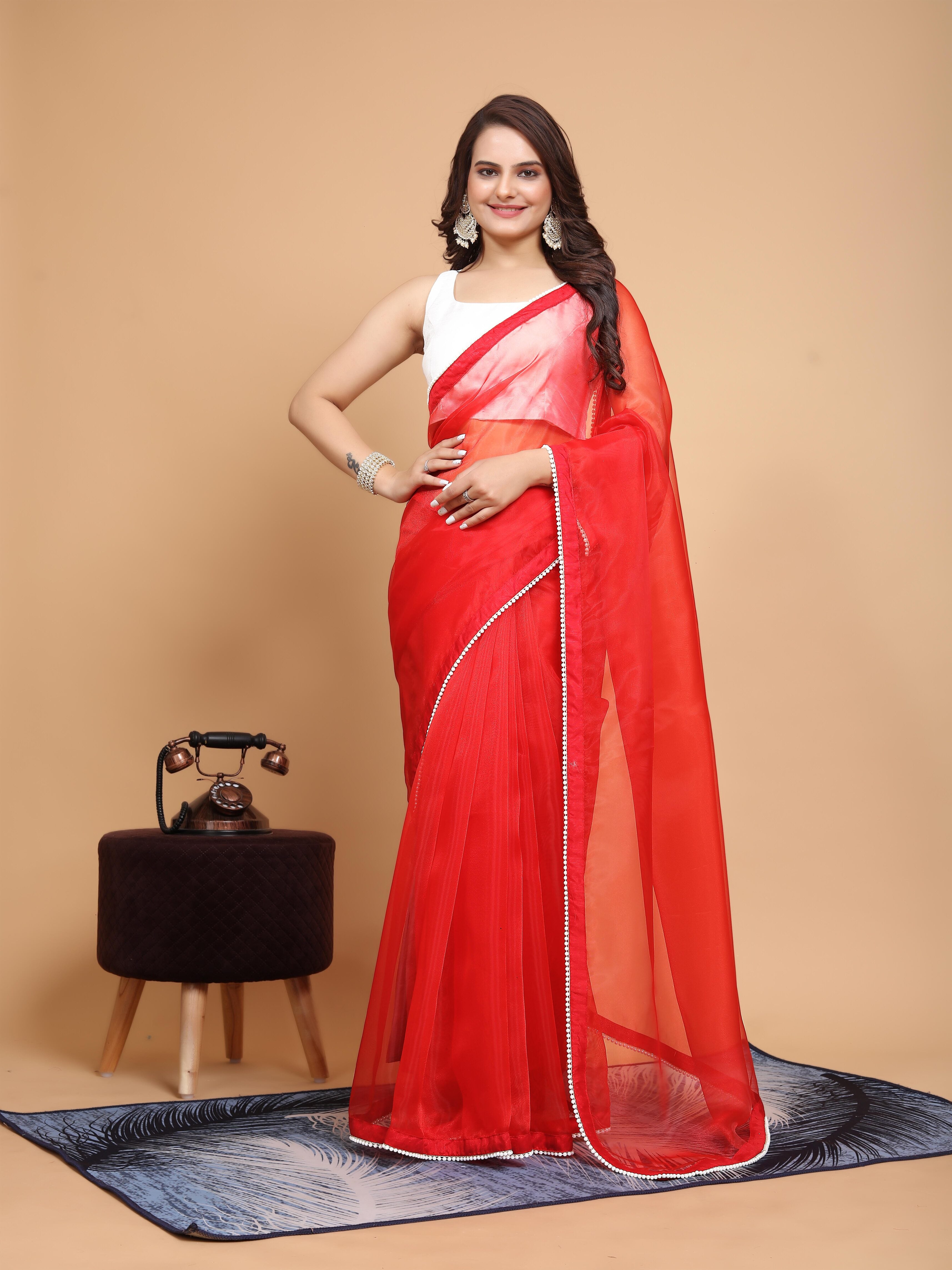 MK WOMEN'S Latest Ethnic wear Organza Saree With Pearls Border Saree With Blouse Piece Pack Of 1.