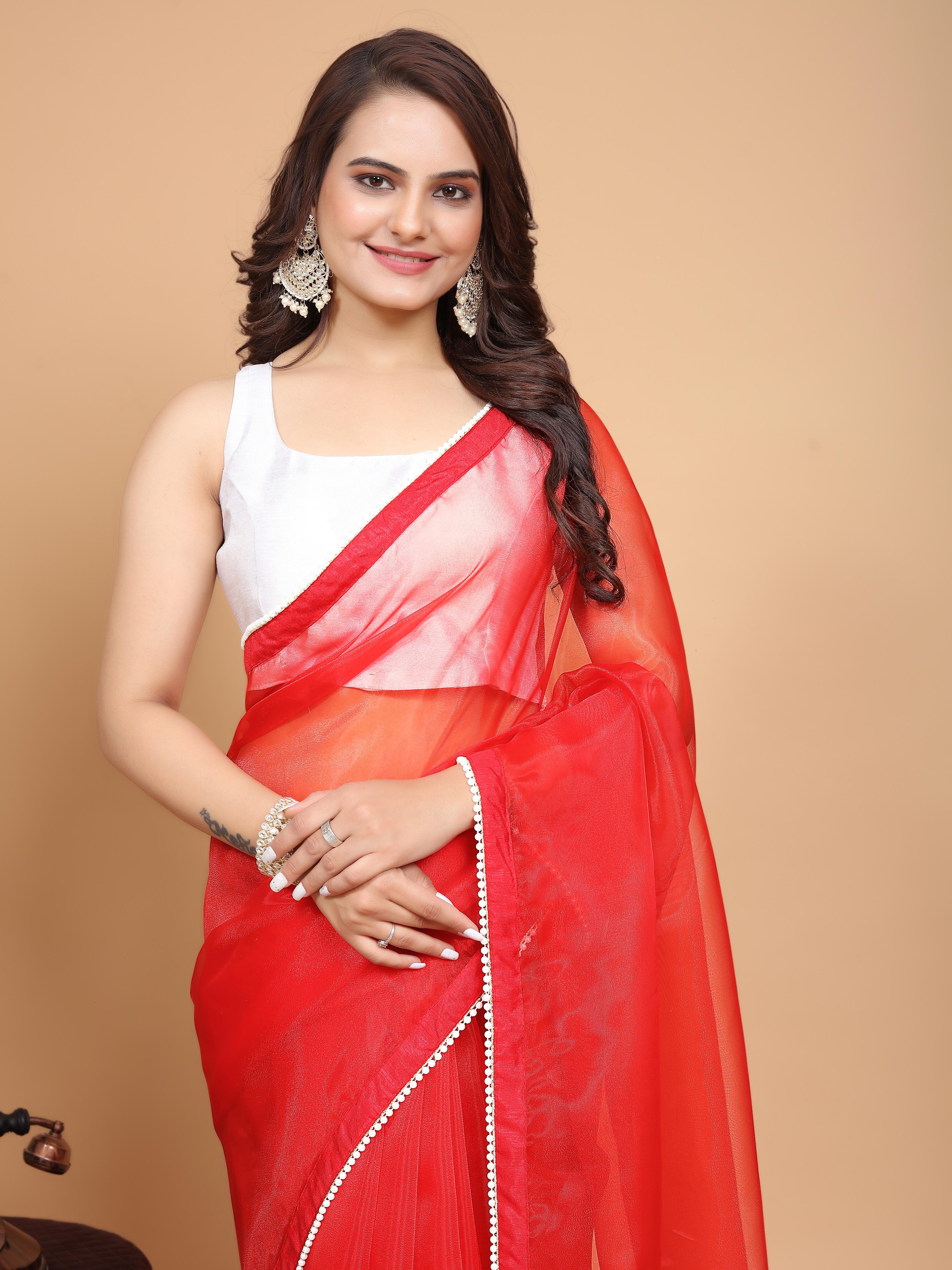 MK WOMEN'S Latest Ethnic wear Organza Saree With Pearls Border Saree With Blouse Piece Pack Of 1.