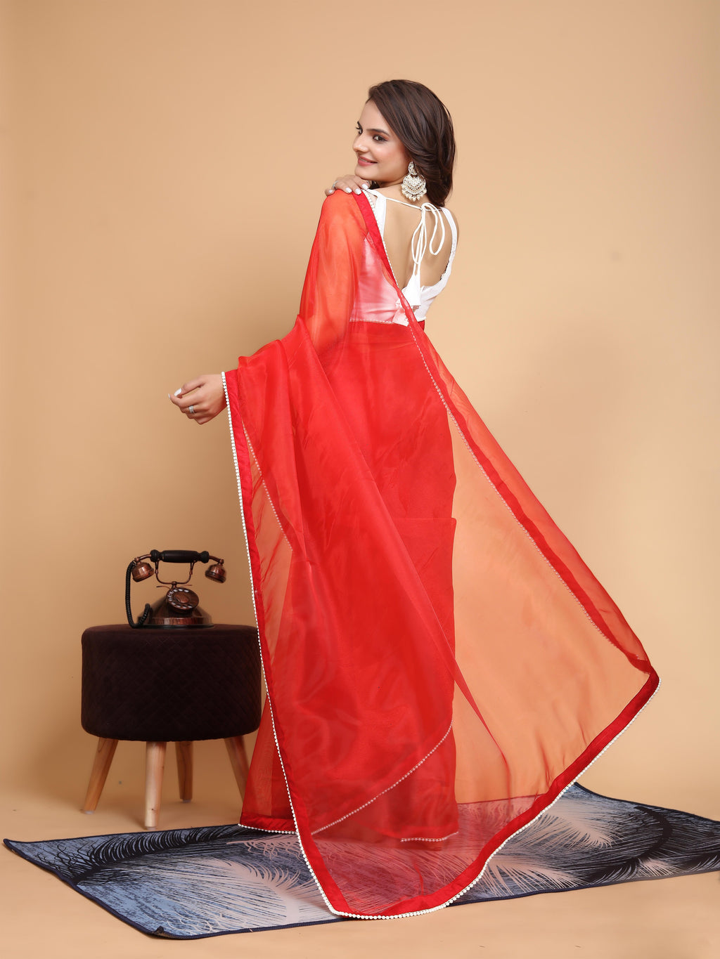 MK WOMEN'S Latest Ethnic wear Organza Saree With Pearls Border Saree With Blouse Piece Pack Of 1.