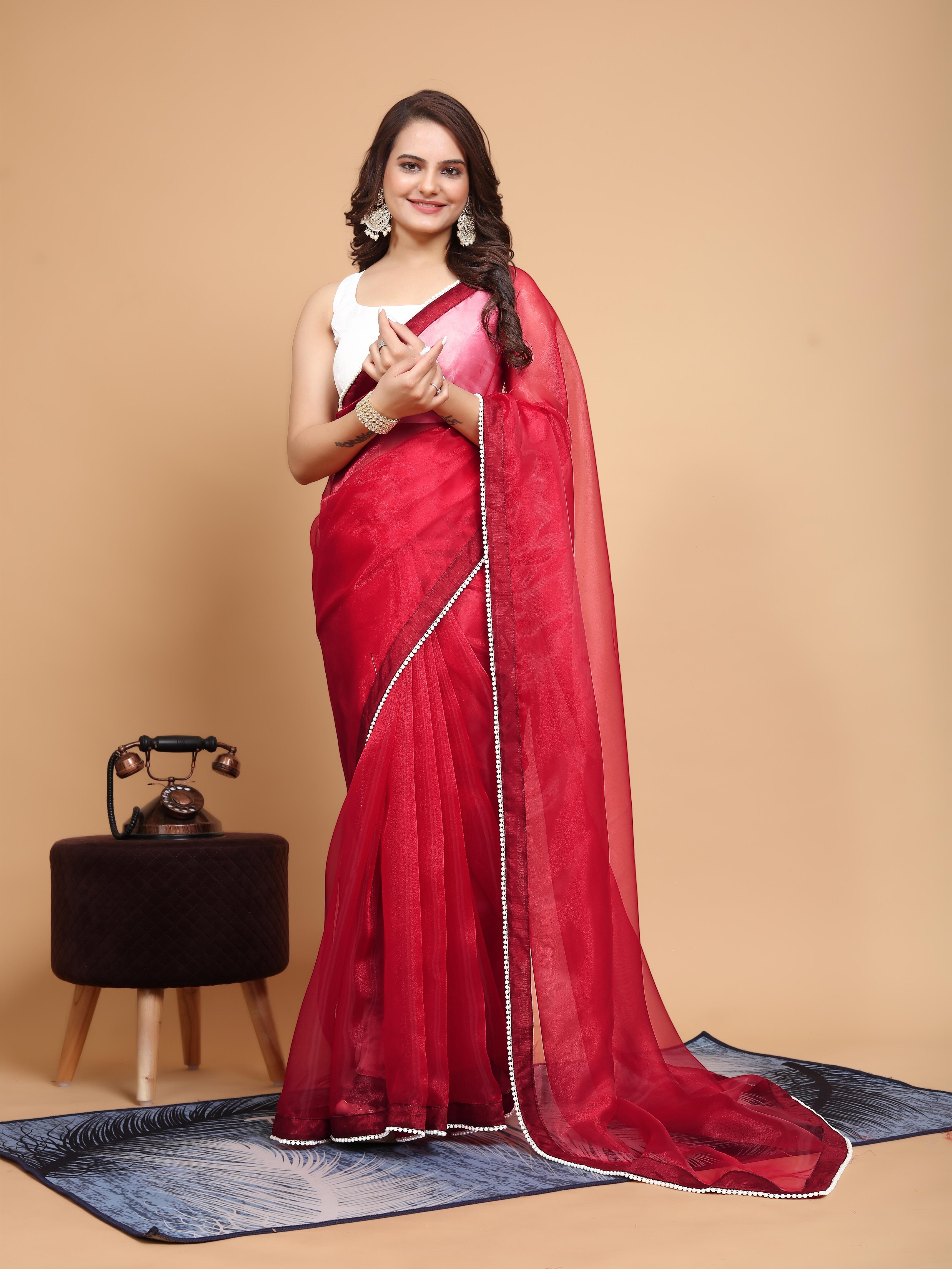 MK WOMEN'S Latest Ethnic wear Organza Saree With Pearls Border Saree With Blouse Piece Pack Of 1.
