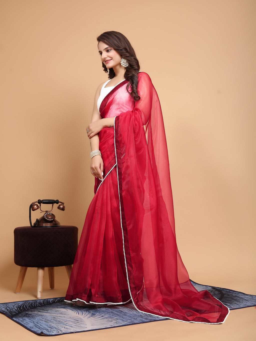 MK WOMEN'S Latest Ethnic wear Organza Saree With Pearls Border Saree With Blouse Piece Pack Of 1.