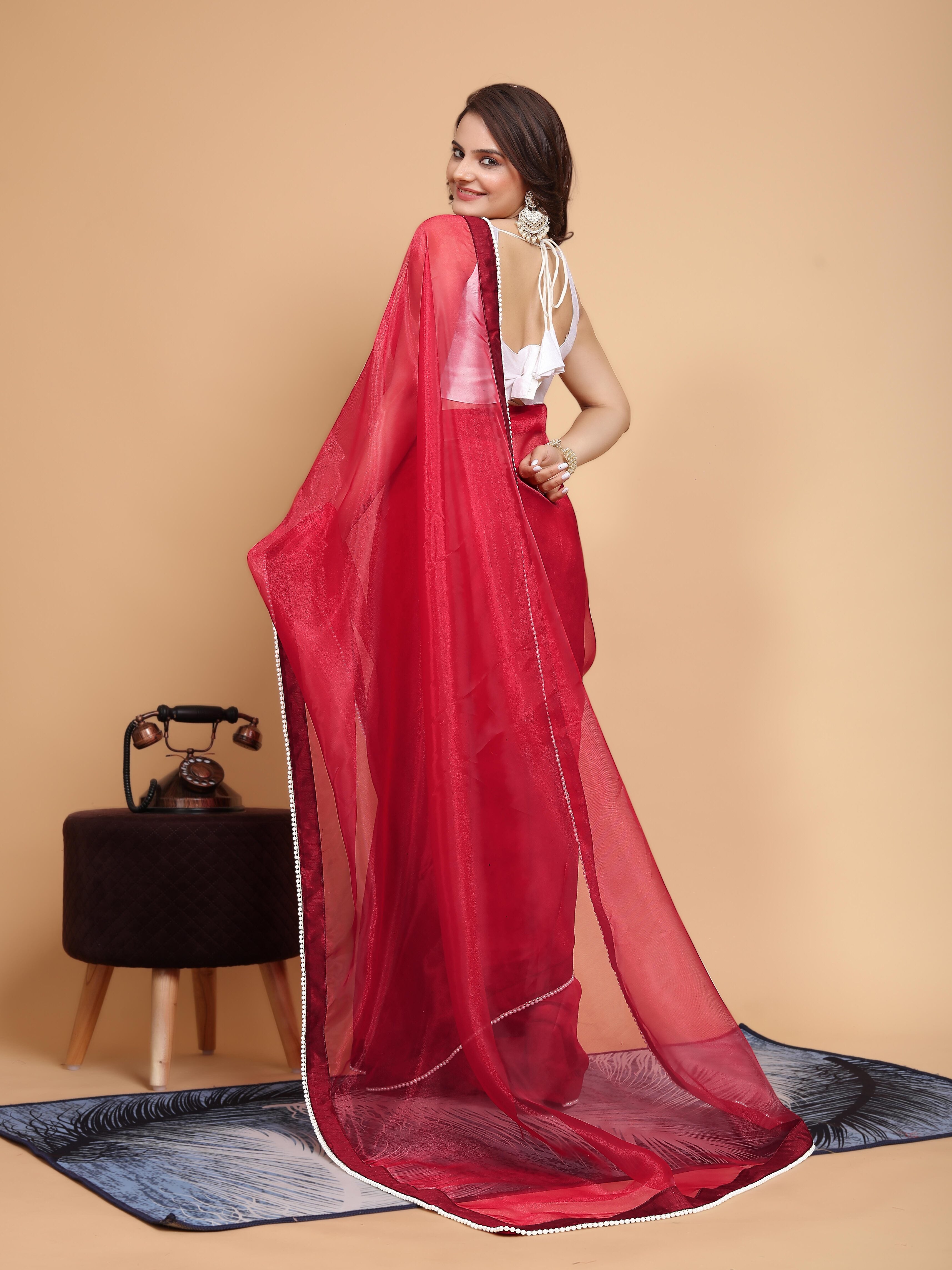 MK WOMEN'S Latest Ethnic wear Organza Saree With Pearls Border Saree With Blouse Piece Pack Of 1.