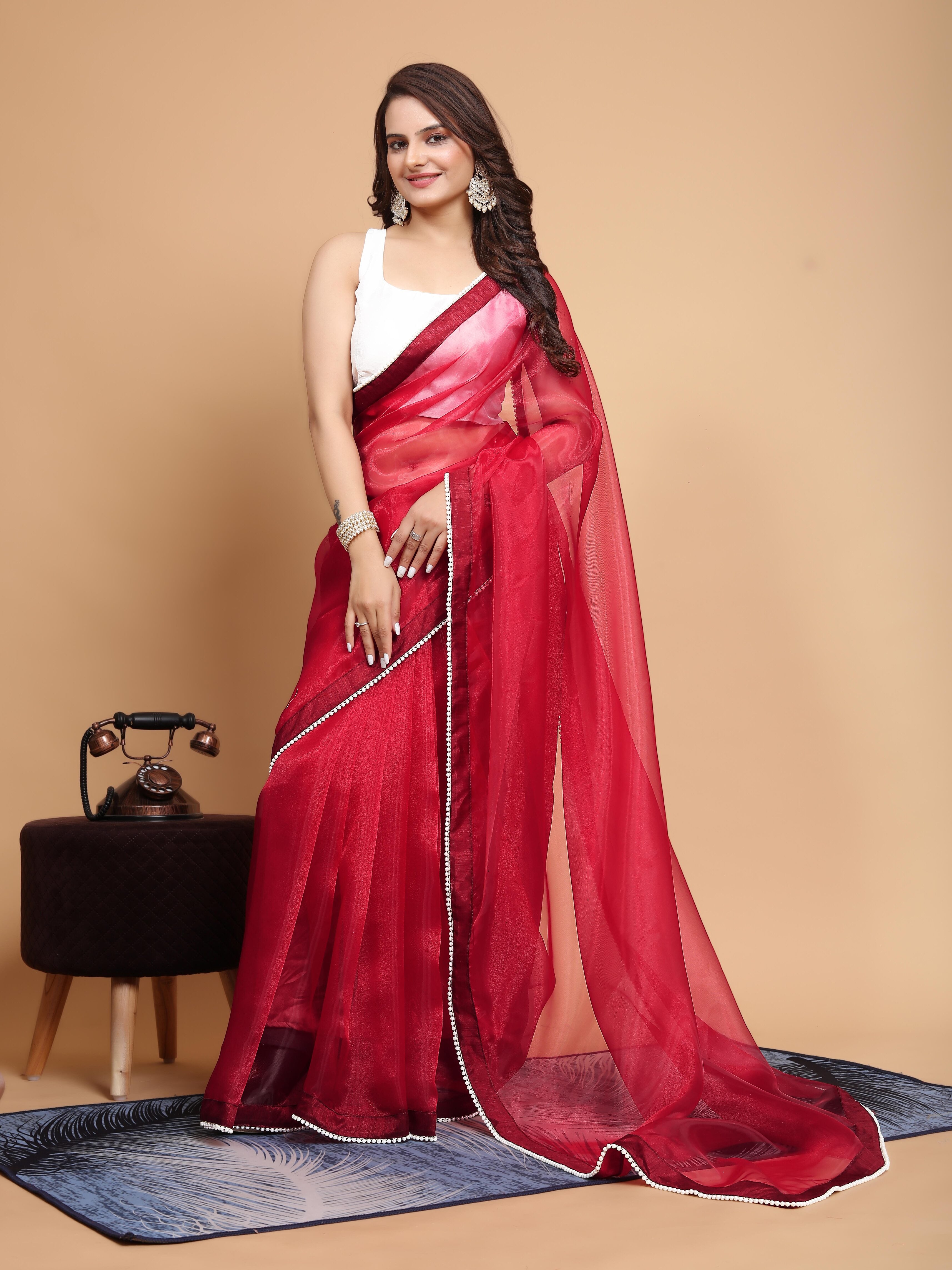 MK WOMEN'S Latest Ethnic wear Organza Saree With Pearls Border Saree With Blouse Piece Pack Of 1.