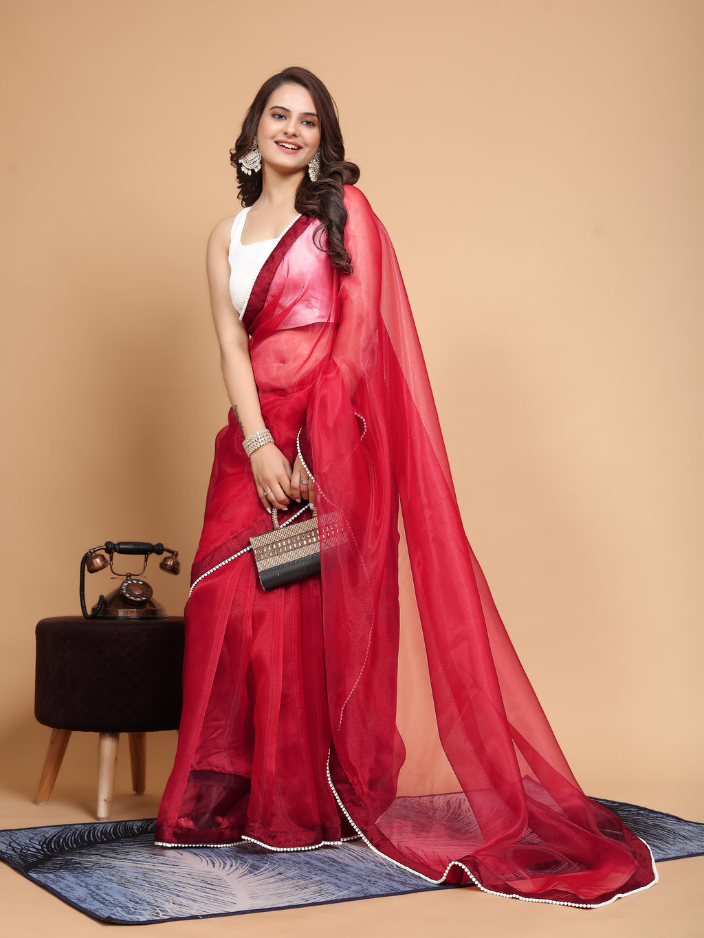 MK WOMEN'S Latest Ethnic wear Organza Saree With Pearls Border Saree With Blouse Piece Pack Of 1.