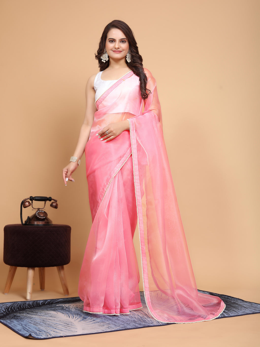 MK WOMEN'S Latest Ethnic wear Organza Saree With Pearls Border Saree With Blouse Piece Pack Of 1.