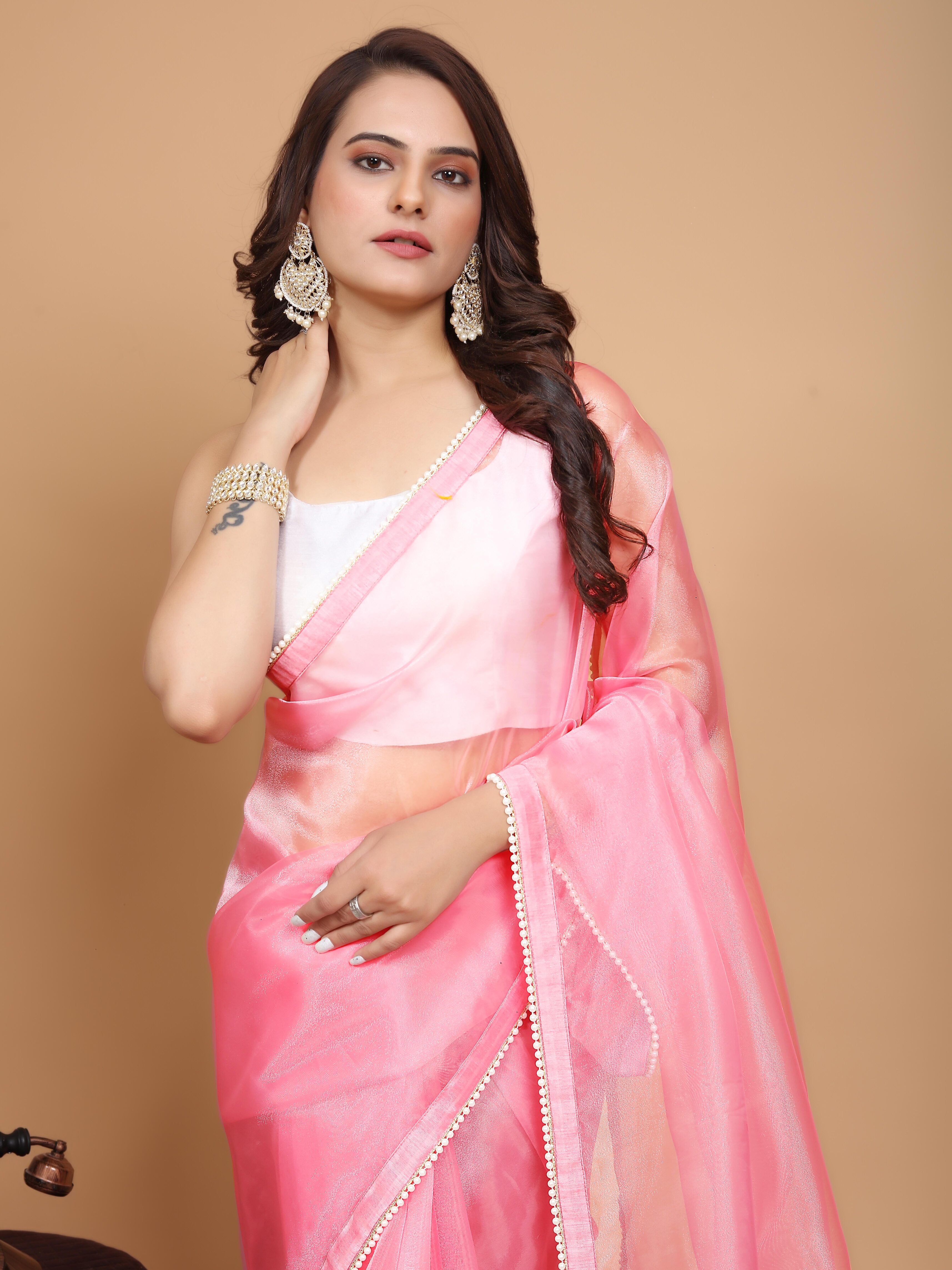 MK WOMEN'S Latest Ethnic wear Organza Saree With Pearls Border Saree With Blouse Piece Pack Of 1.