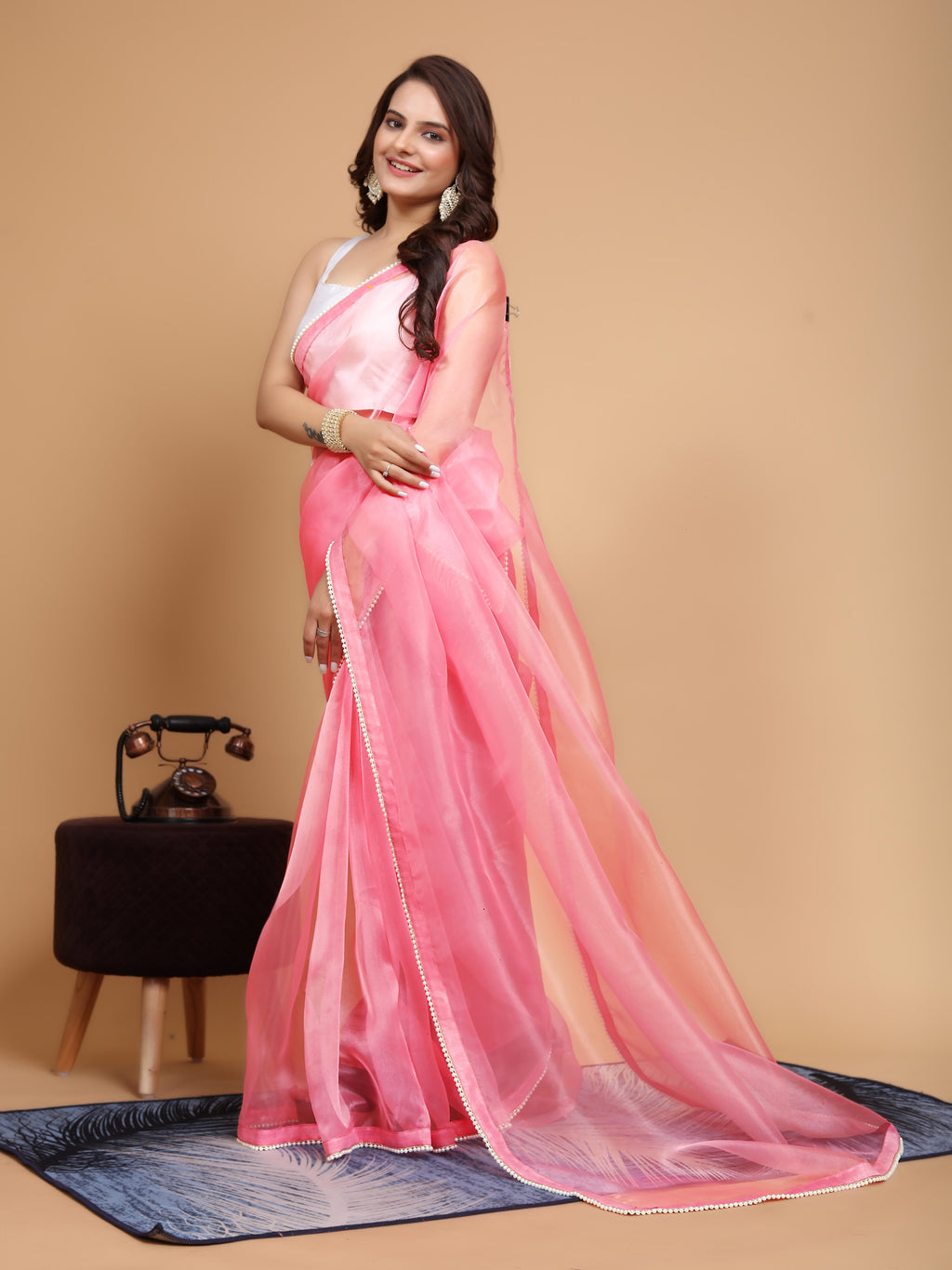 MK WOMEN'S Latest Ethnic wear Organza Saree With Pearls Border Saree With Blouse Piece Pack Of 1.