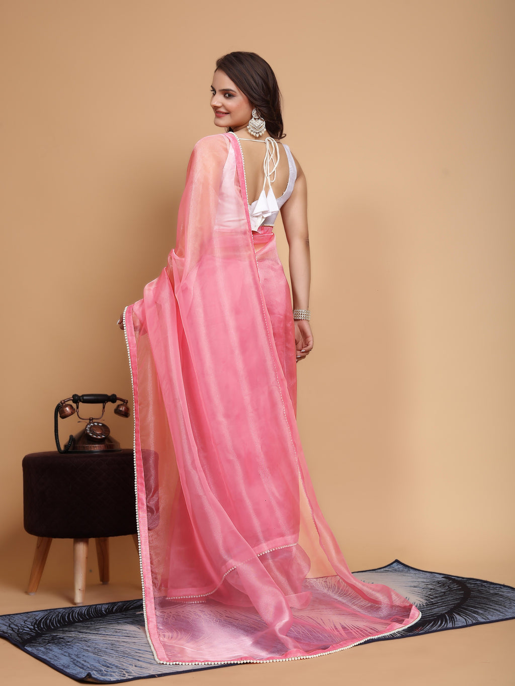 MK WOMEN'S Latest Ethnic wear Organza Saree With Pearls Border Saree With Blouse Piece Pack Of 1.