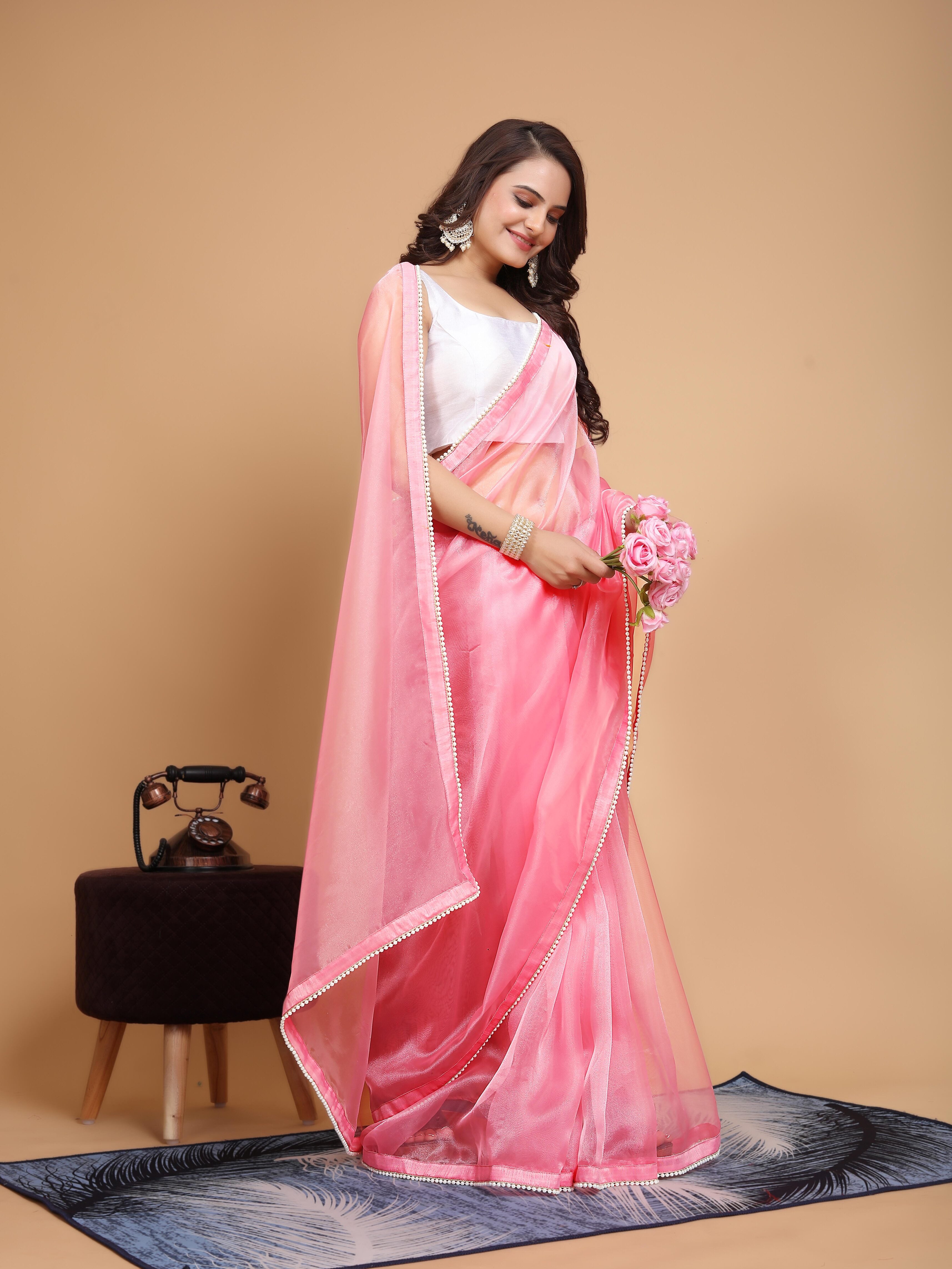 MK WOMEN'S Latest Ethnic wear Organza Saree With Pearls Border Saree With Blouse Piece Pack Of 1.