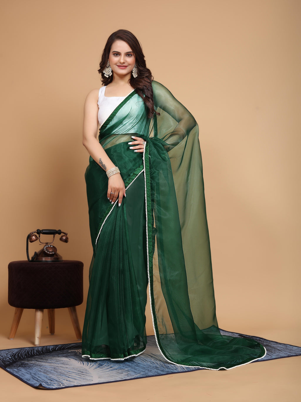 MK WOMEN'S Latest Ethnic wear Organza Saree With Pearls Border Saree With Blouse Piece Pack Of 1.