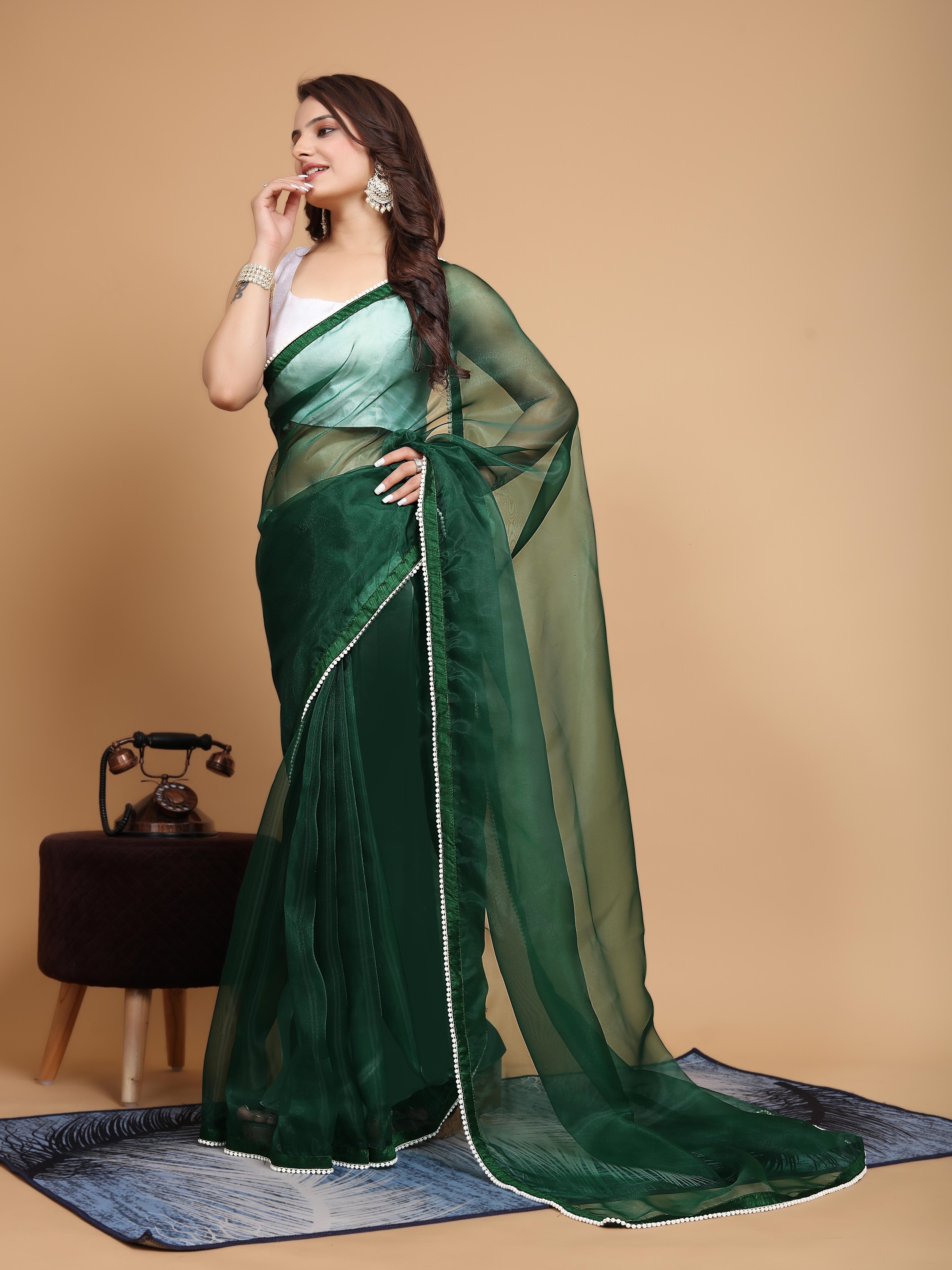 MK WOMEN'S Latest Ethnic wear Organza Saree With Pearls Border Saree With Blouse Piece Pack Of 1.