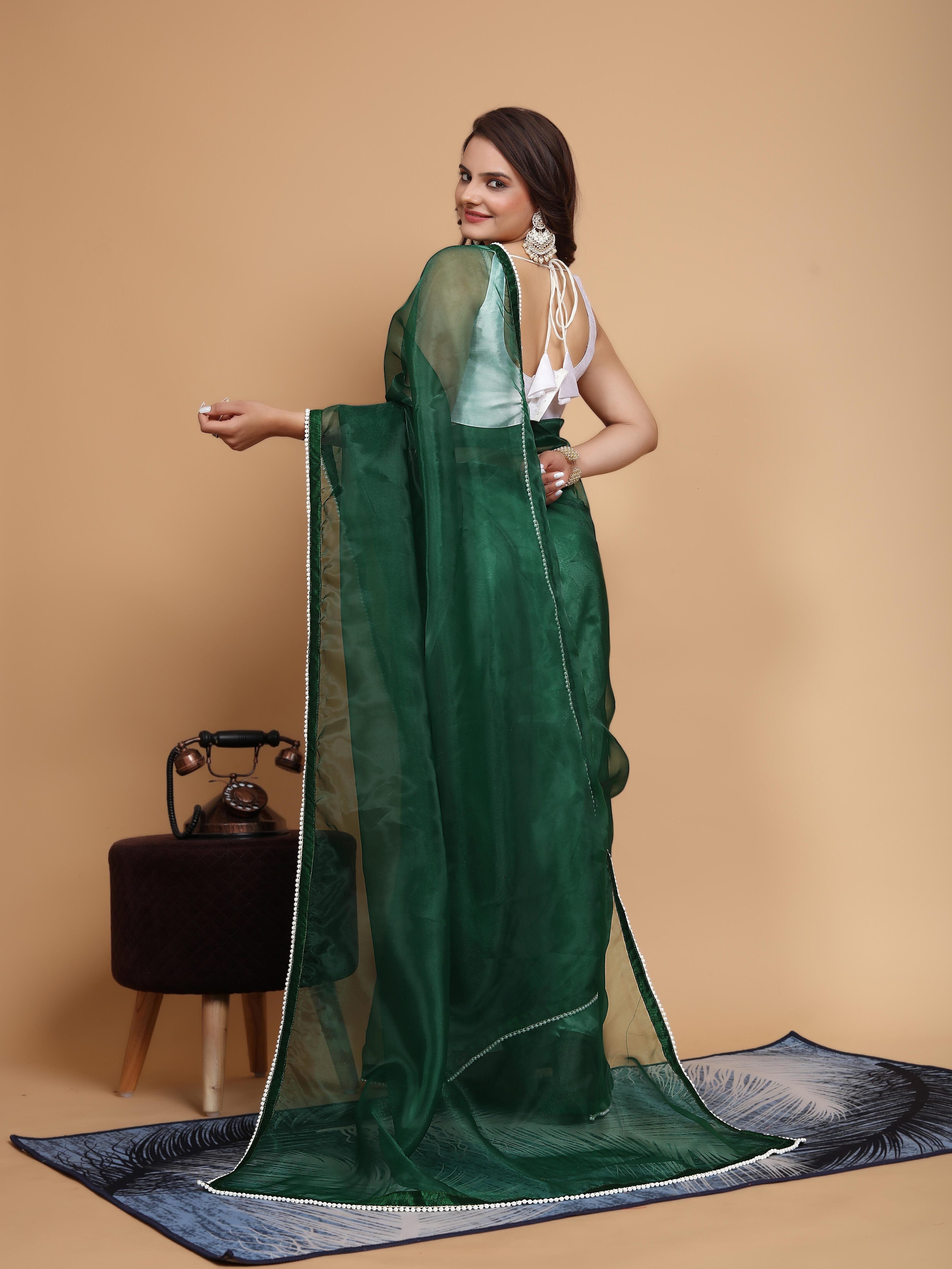 MK WOMEN'S Latest Ethnic wear Organza Saree With Pearls Border Saree With Blouse Piece Pack Of 1.