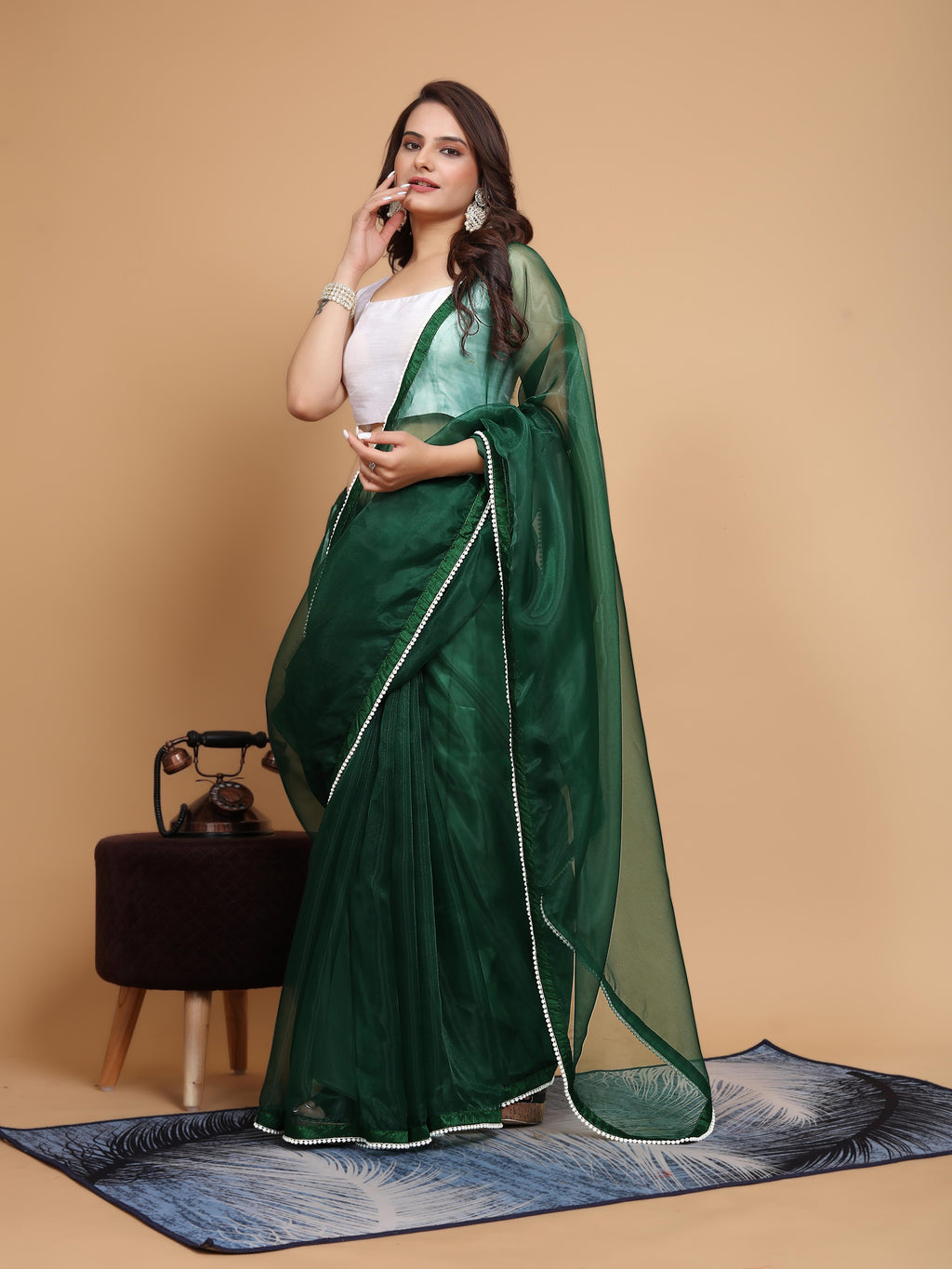 MK WOMEN'S Latest Ethnic wear Organza Saree With Pearls Border Saree With Blouse Piece Pack Of 1.