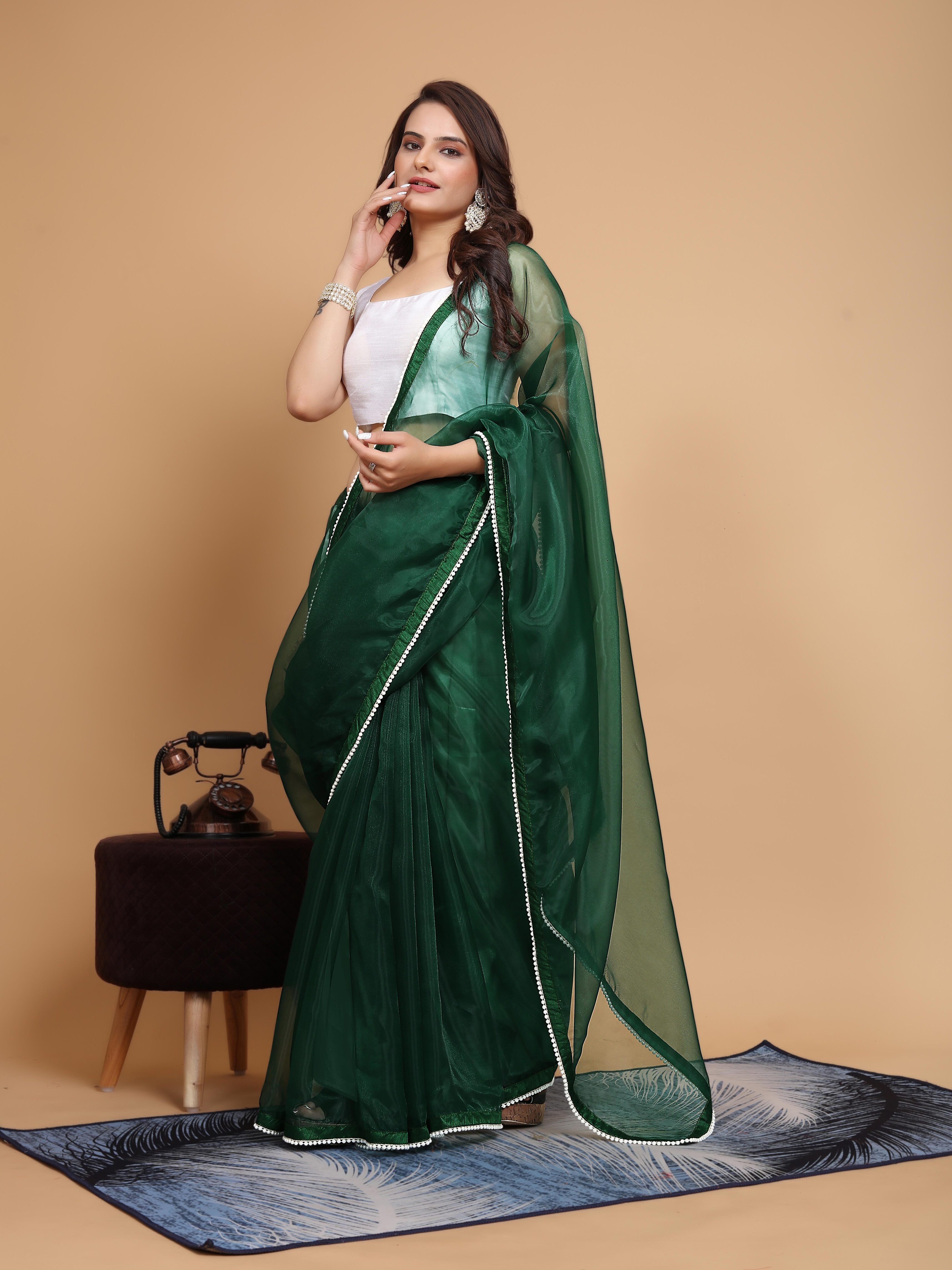 MK WOMEN'S Latest Ethnic wear Organza Saree With Pearls Border Saree With Blouse Piece Pack Of 1.