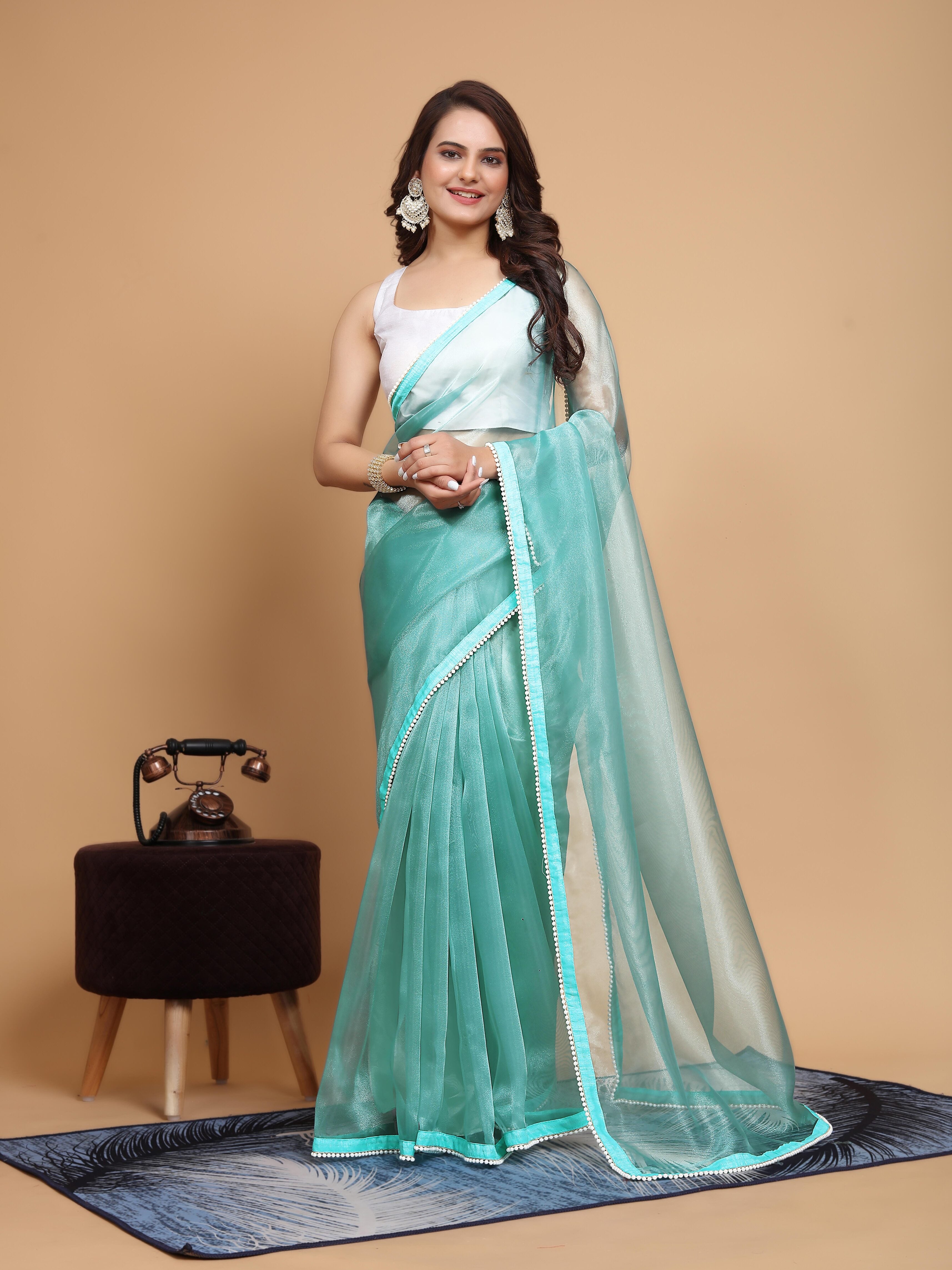 MK WOMEN'S Latest Ethnic wear Organza Saree With Pearls Border Saree With Blouse Piece Pack Of 1.