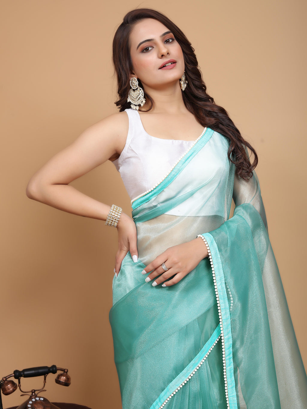 MK WOMEN'S Latest Ethnic wear Organza Saree With Pearls Border Saree With Blouse Piece Pack Of 1.