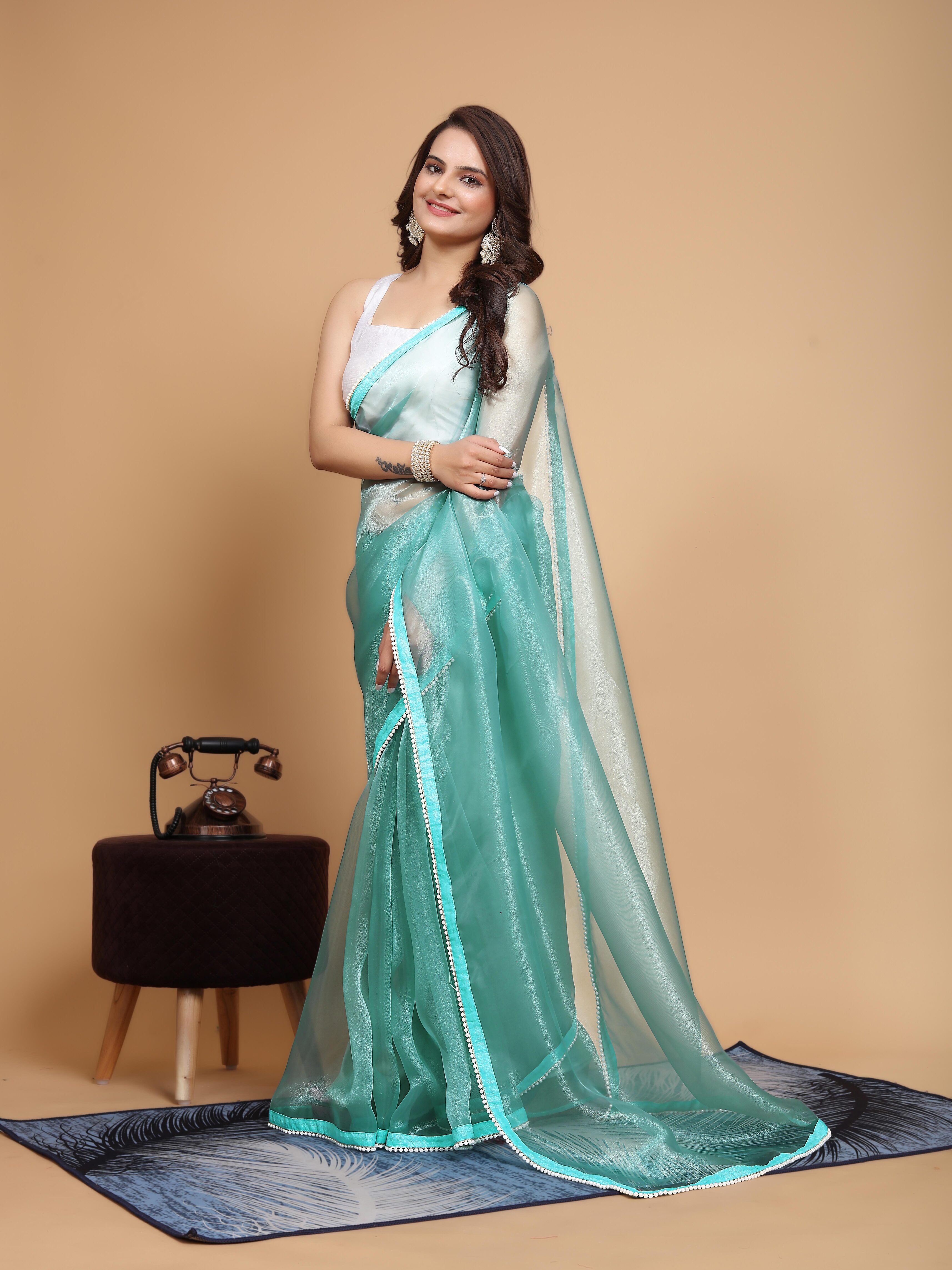 MK WOMEN'S Latest Ethnic wear Organza Saree With Pearls Border Saree With Blouse Piece Pack Of 1.