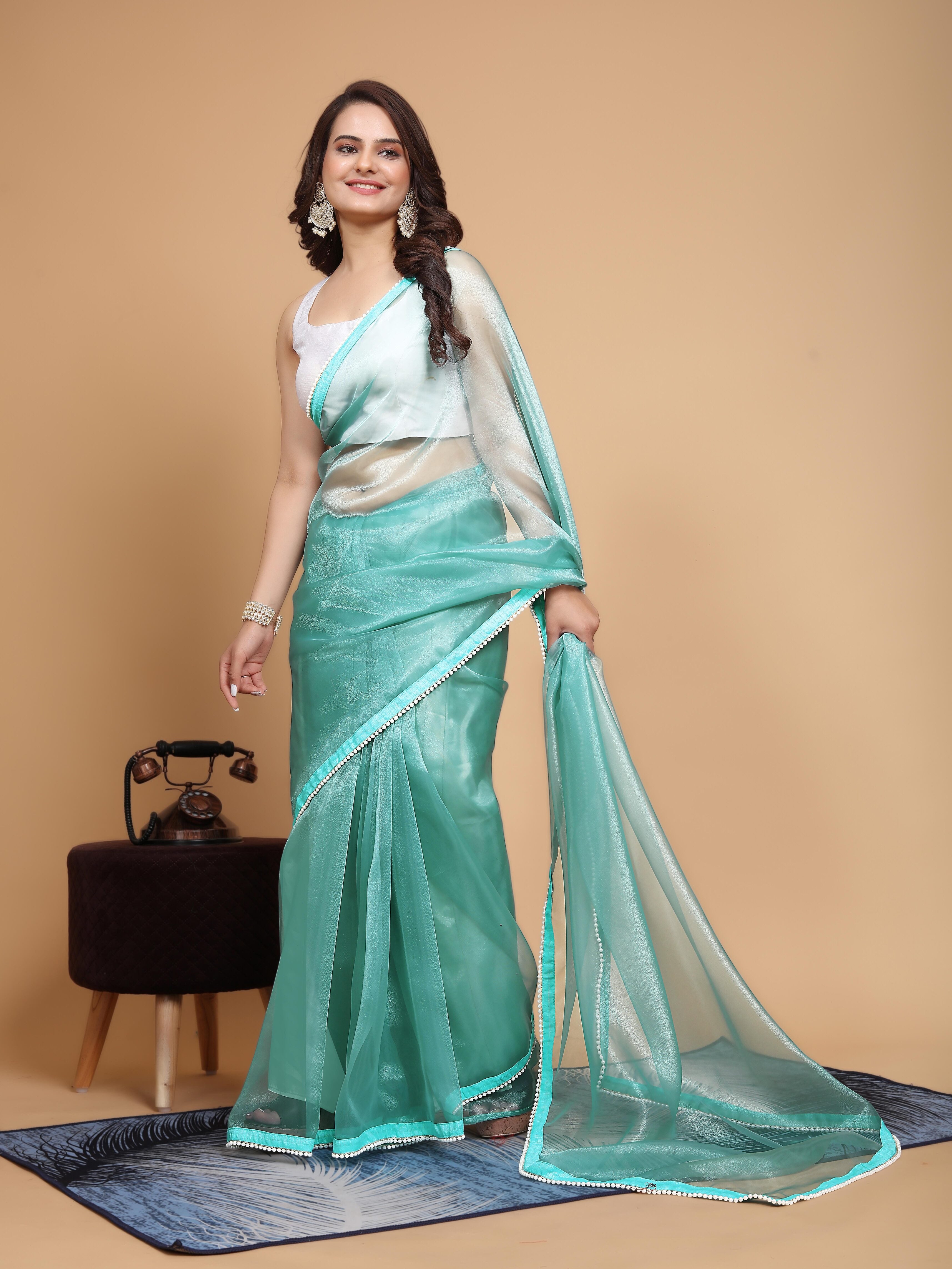 MK WOMEN'S Latest Ethnic wear Organza Saree With Pearls Border Saree With Blouse Piece Pack Of 1.