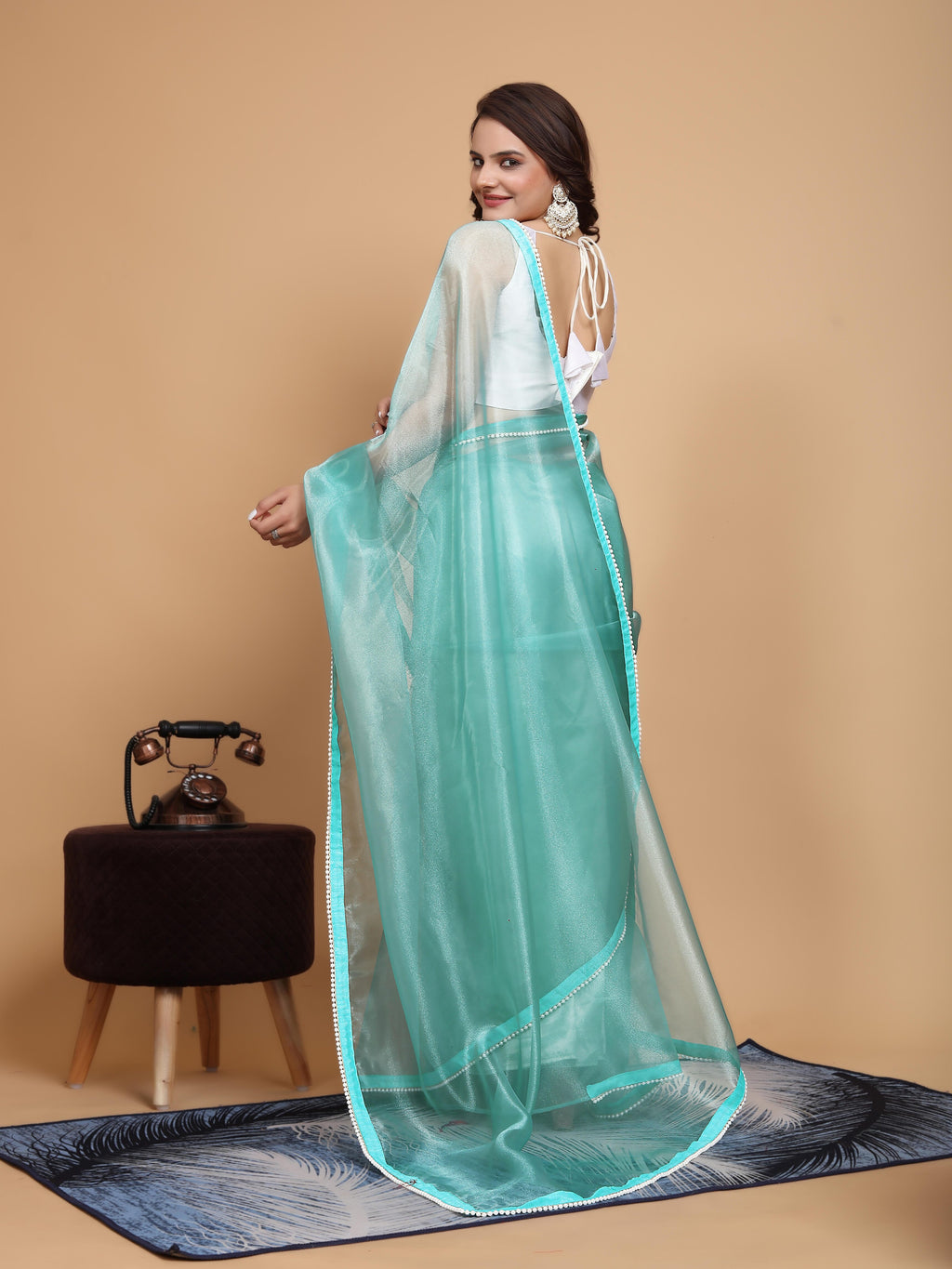 MK WOMEN'S Latest Ethnic wear Organza Saree With Pearls Border Saree With Blouse Piece Pack Of 1.