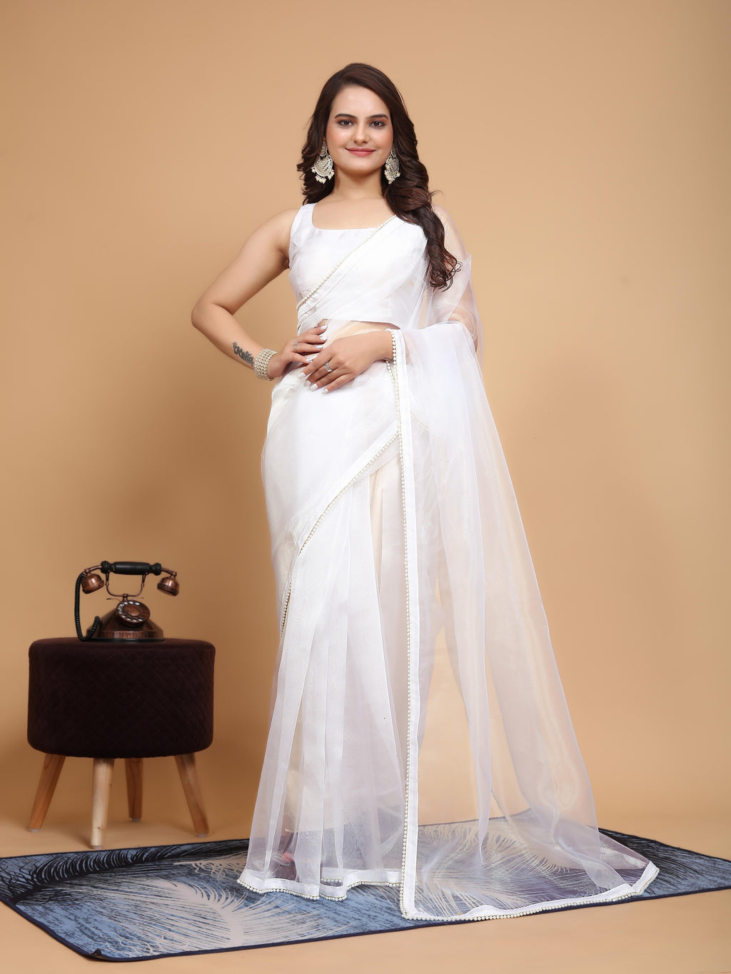 MK WOMEN'S Latest Ethnic wear Organza Saree With Pearls Border Saree With Blouse Piece Pack Of 1.