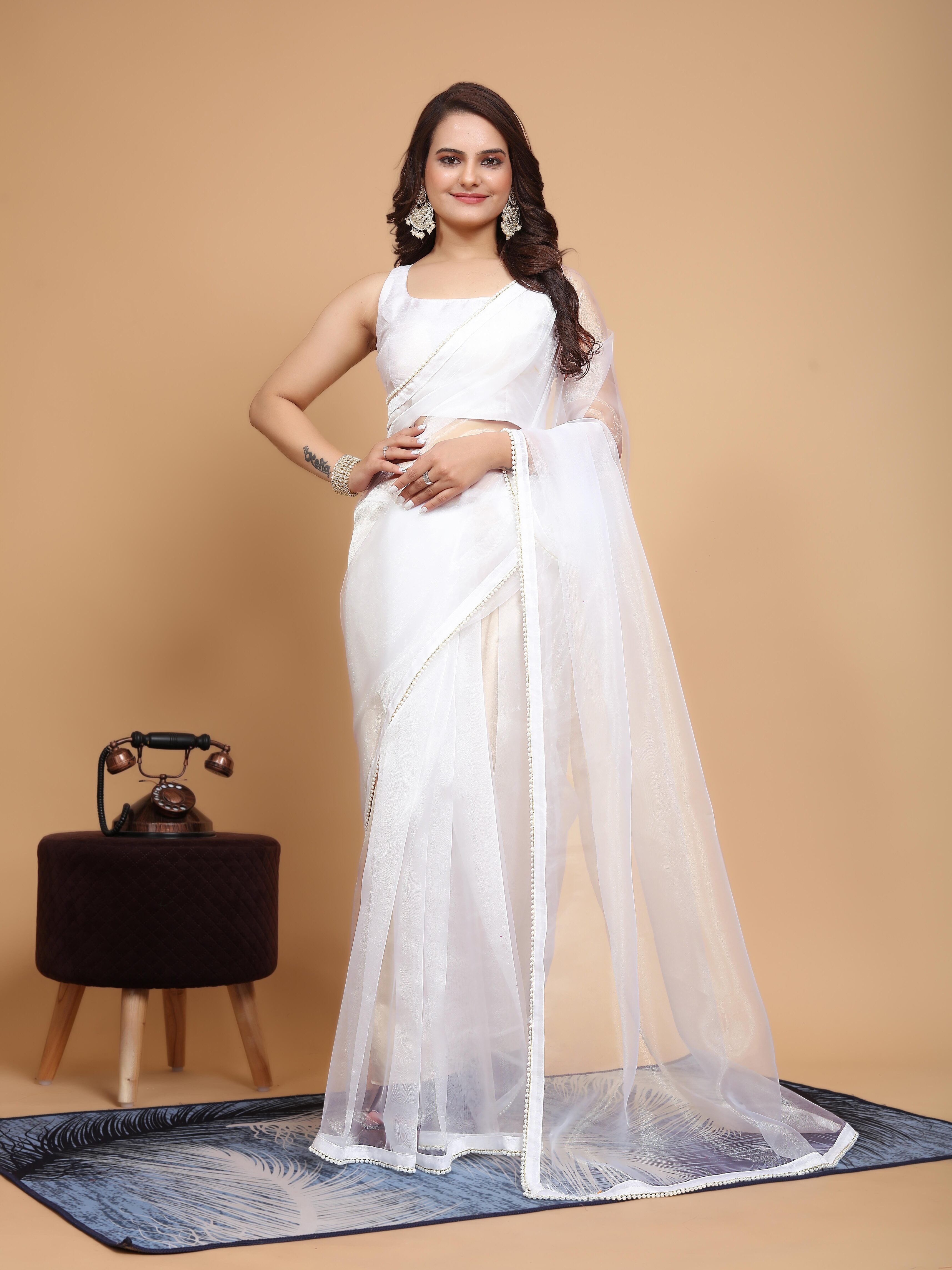 MK WOMEN'S Latest Ethnic wear Organza Saree With Pearls Border Saree With Blouse Piece Pack Of 1.