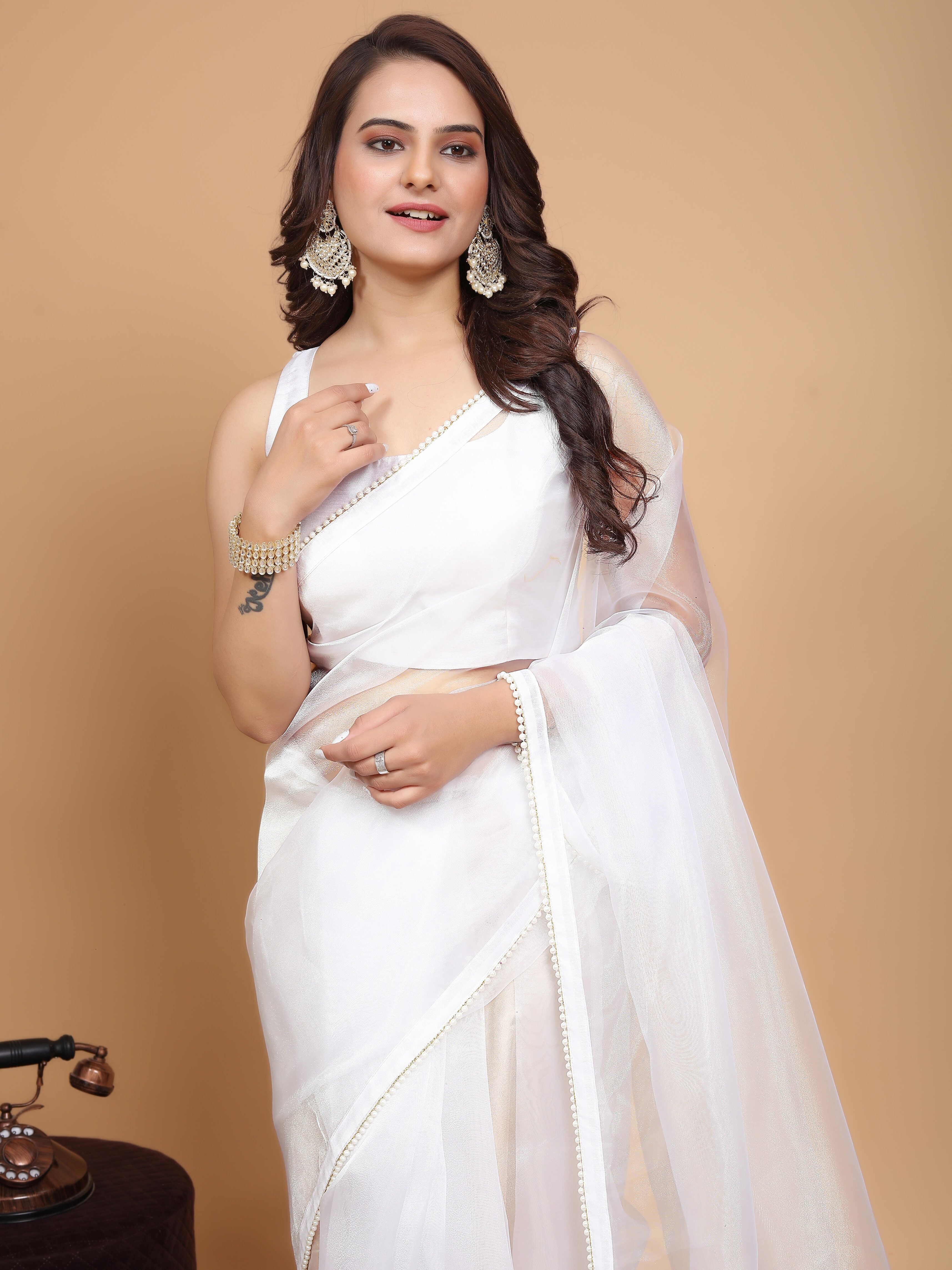 MK WOMEN'S Latest Ethnic wear Organza Saree With Pearls Border Saree With Blouse Piece Pack Of 1.