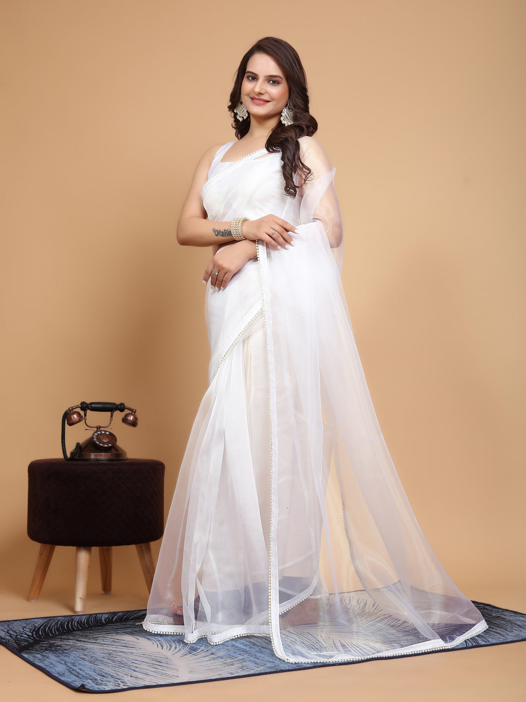 MK WOMEN'S Latest Ethnic wear Organza Saree With Pearls Border Saree With Blouse Piece Pack Of 1.