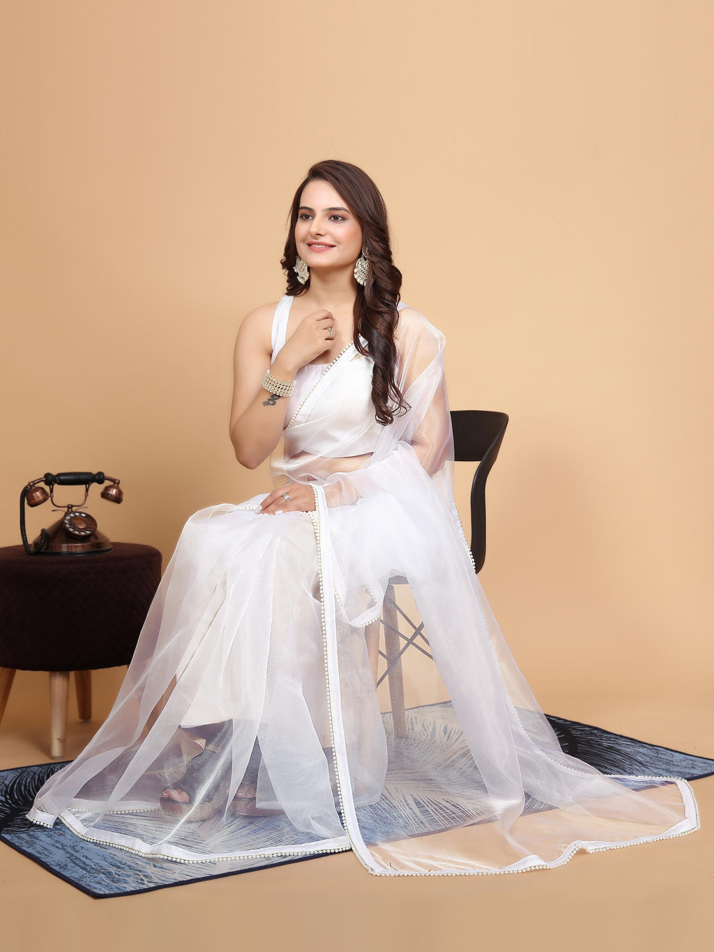 MK WOMEN'S Latest Ethnic wear Organza Saree With Pearls Border Saree With Blouse Piece Pack Of 1.