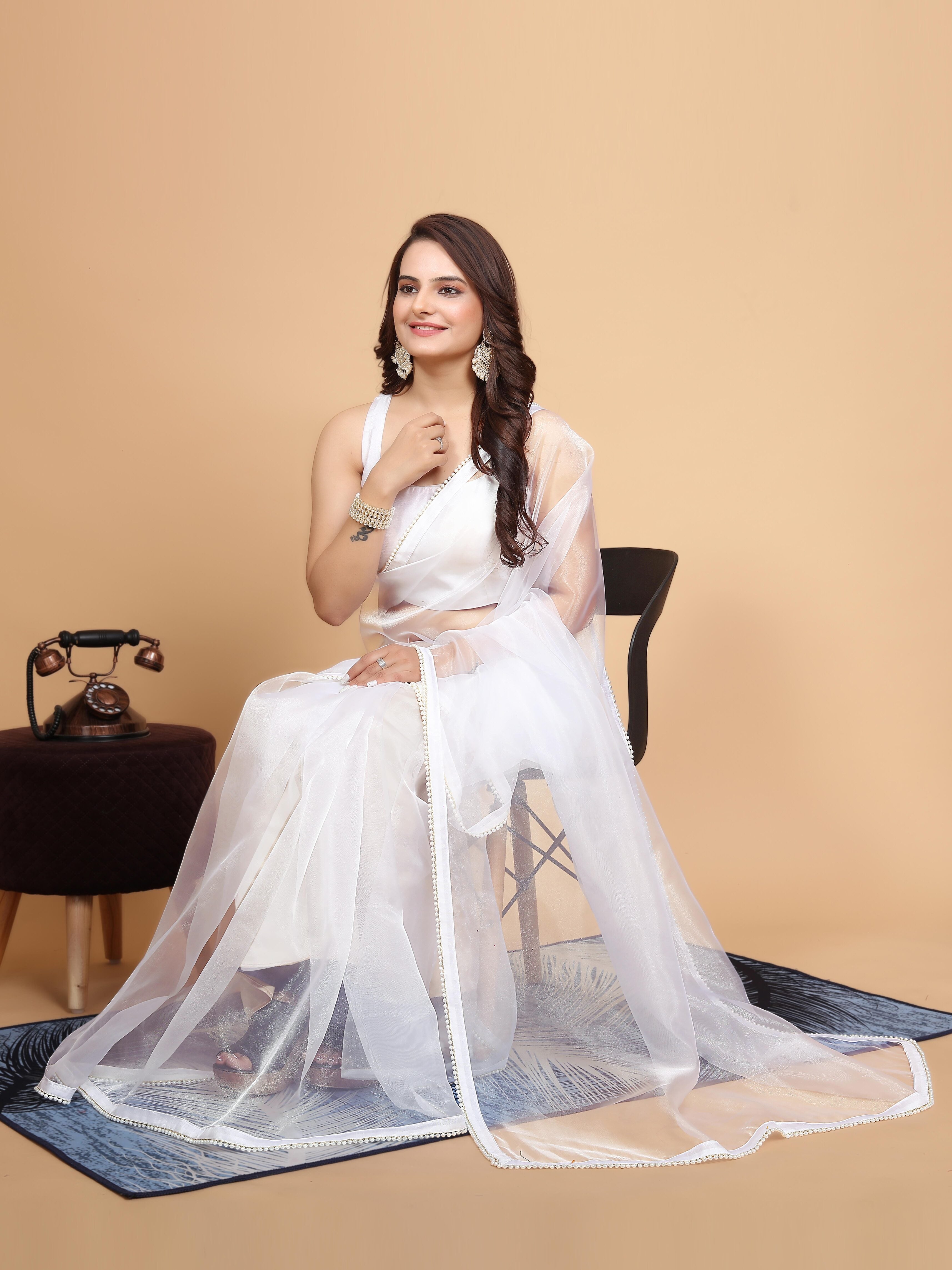 MK WOMEN'S Latest Ethnic wear Organza Saree With Pearls Border Saree With Blouse Piece Pack Of 1.