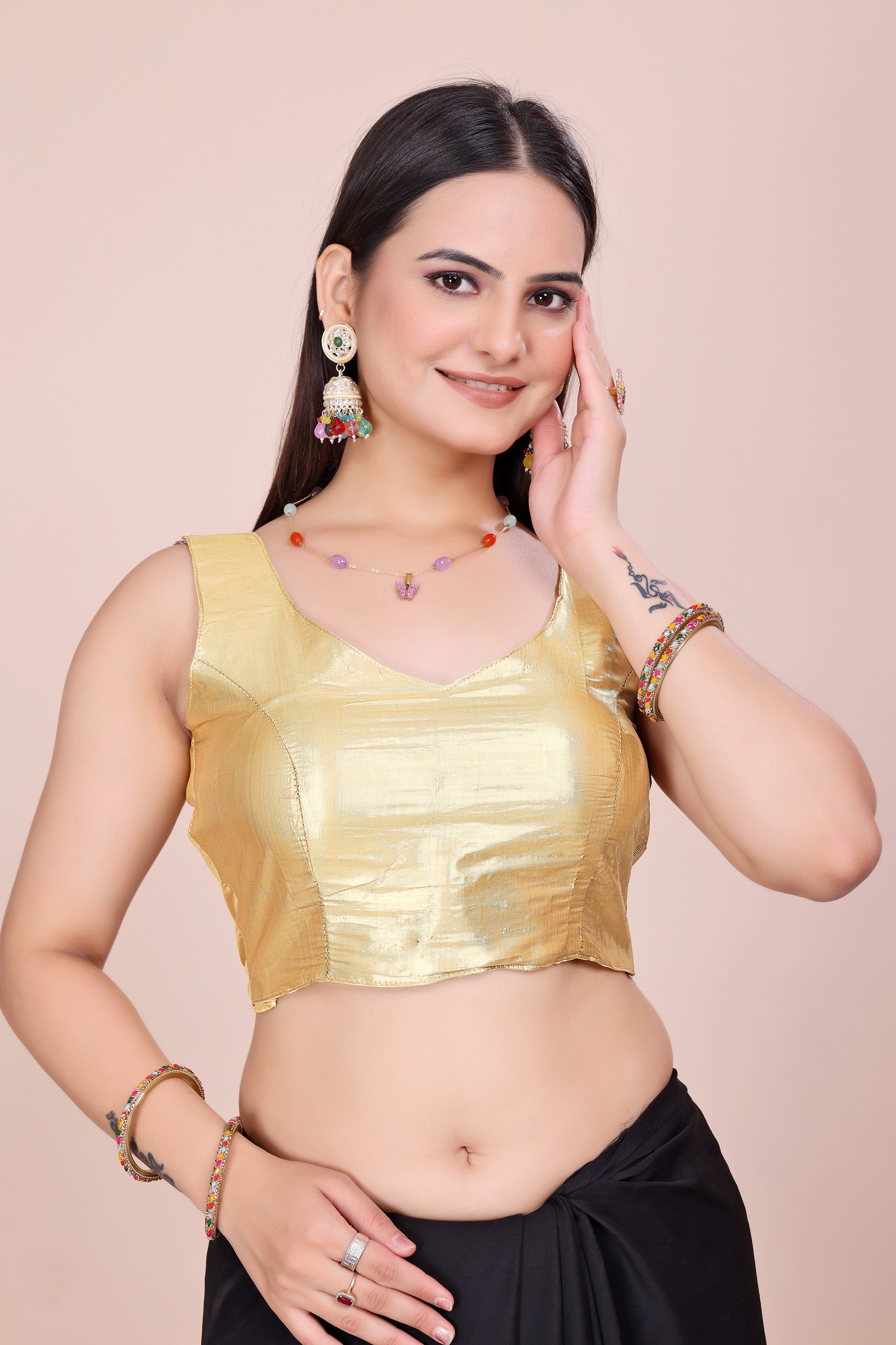 MK Women's Designer  Blouse | V- Neck Readymade Short Length Crop Top | Regular Fit Choly for Party and Wedding