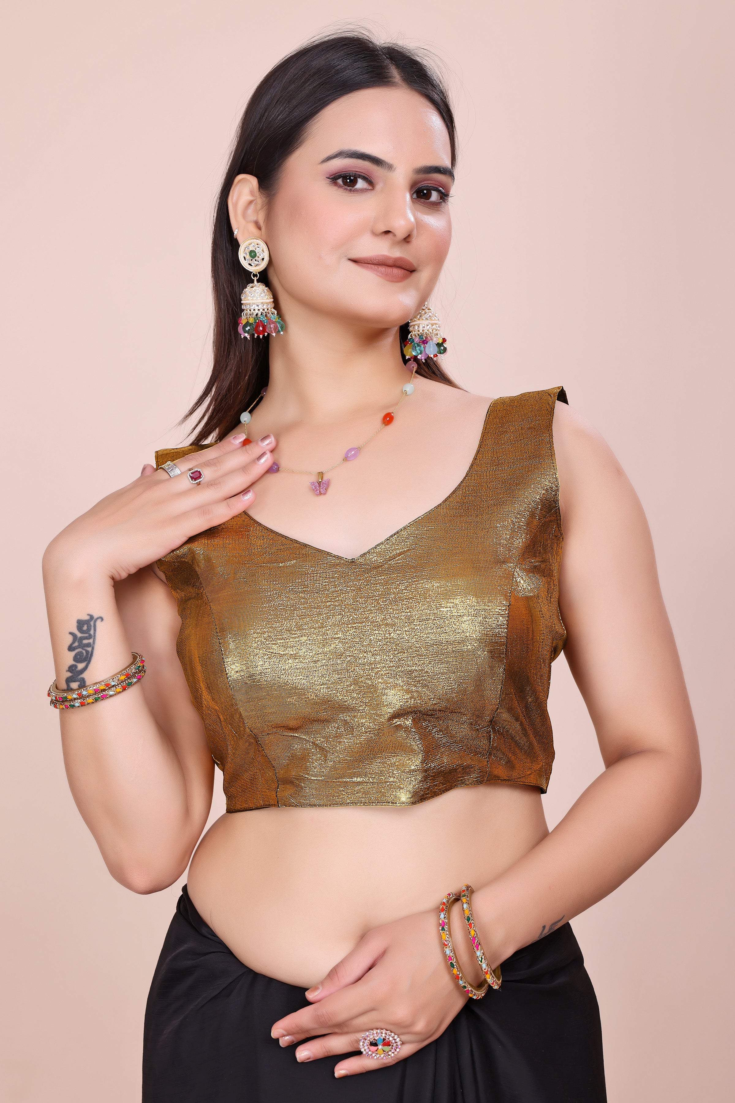 MK Women's Designer  Blouse | V- Neck Readymade Short Length Crop Top | Regular Fit Choly for Party and Wedding