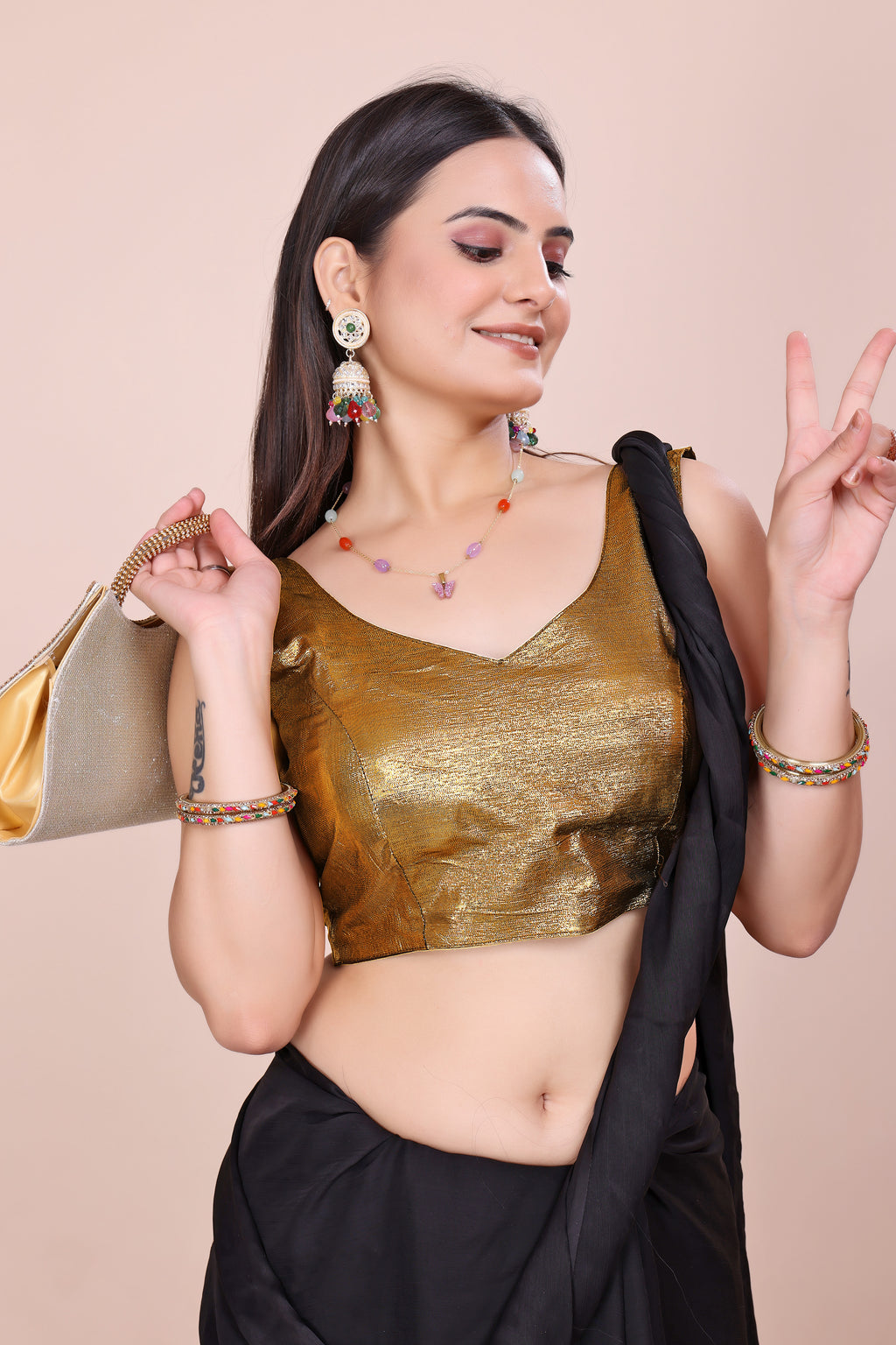 MK Women's Designer  Blouse | V- Neck Readymade Short Length Crop Top | Regular Fit Choly for Party and Wedding