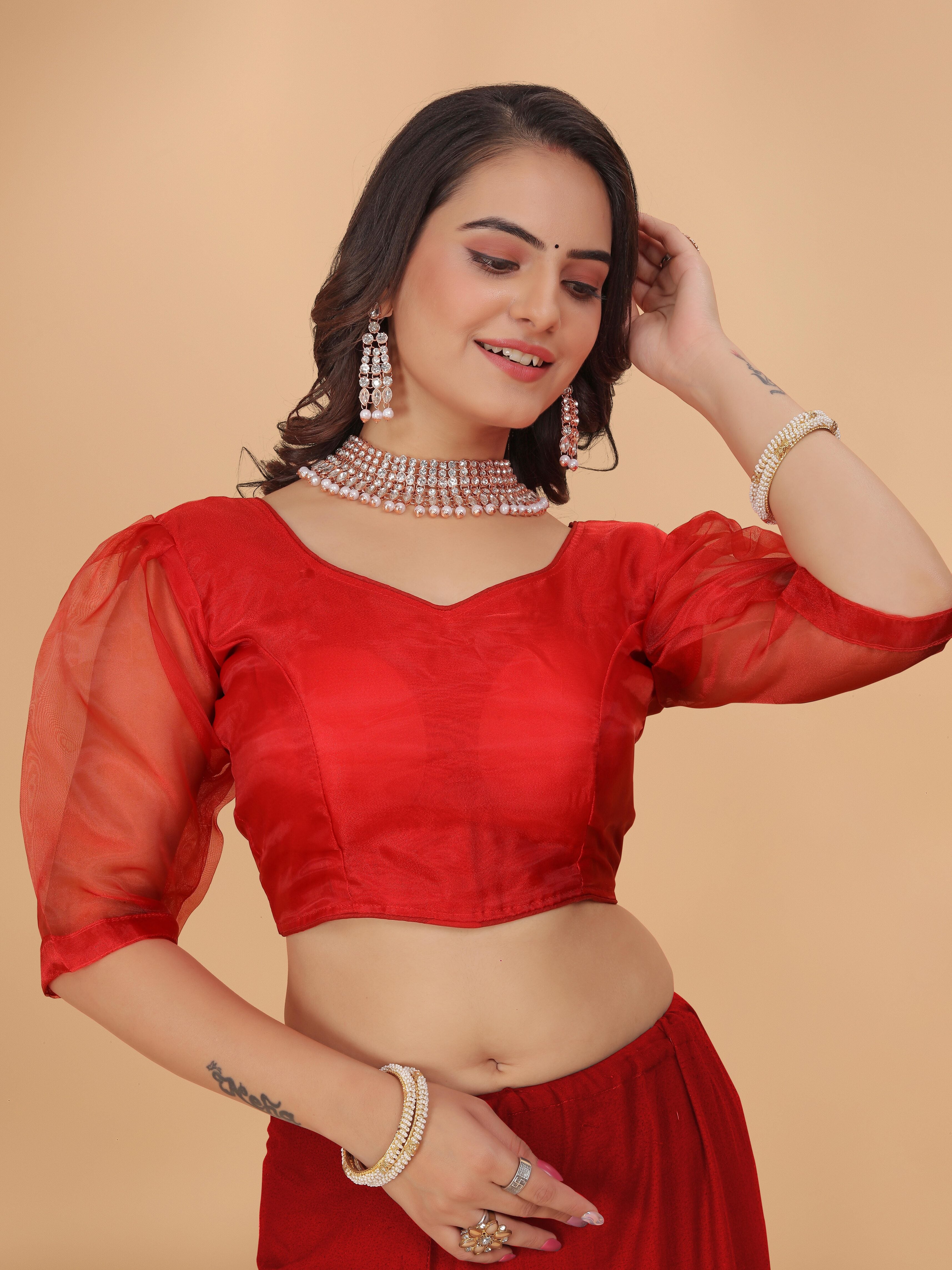 MK Women's Organza Stitched 3/4 Sleeve Blouse (net Sleeves) for Casual Party & Festive Wedding Regular Fit for Women & Ladies Pack of 1.