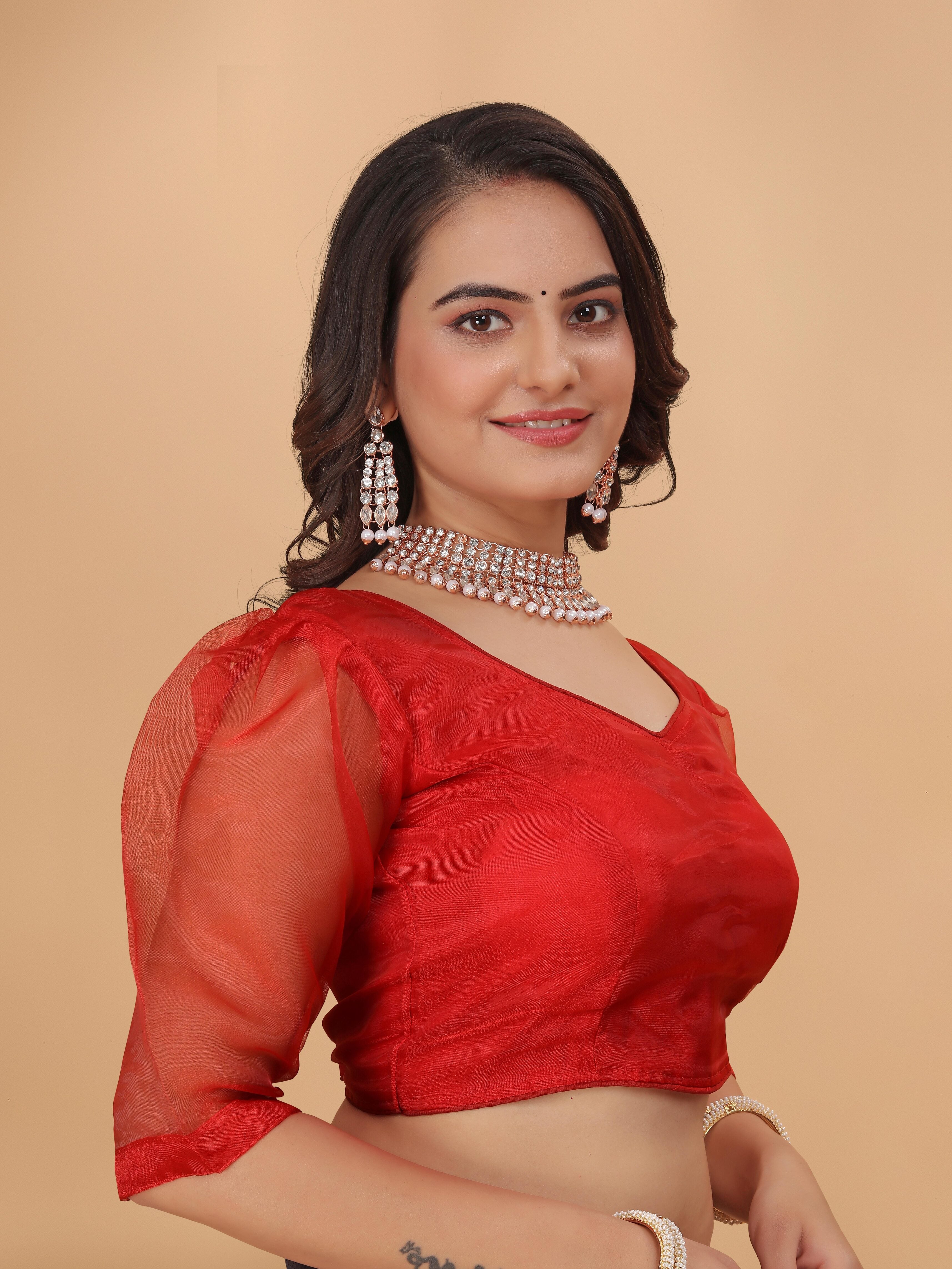 MK Women's Organza Stitched 3/4 Sleeve Blouse (net Sleeves) for Casual Party & Festive Wedding Regular Fit for Women & Ladies Pack of 1.