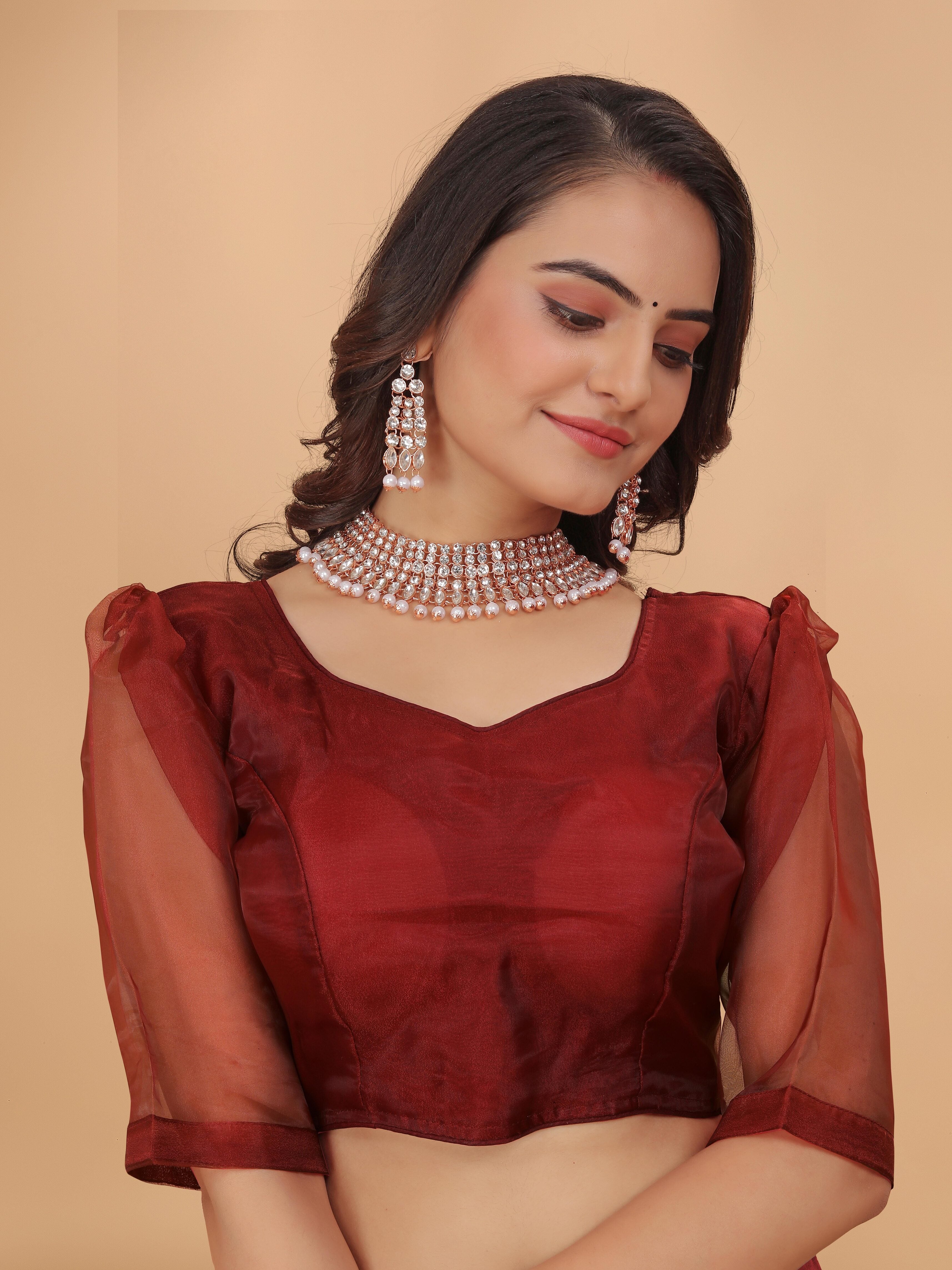 MK Women's Organza Stitched 3/4 Sleeve Blouse (net Sleeves) for Casual Party & Festive Wedding Regular Fit for Women & Ladies Pack of 1.