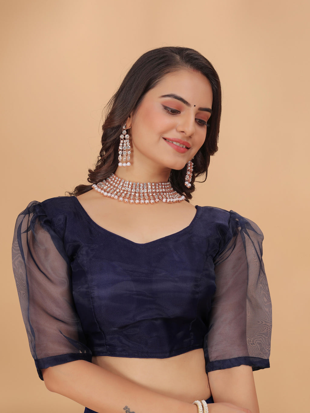 MK Women's Organza Stitched 3/4 Sleeve Blouse (net Sleeves) for Casual Party & Festive Wedding Regular Fit for Women & Ladies Pack of 1.