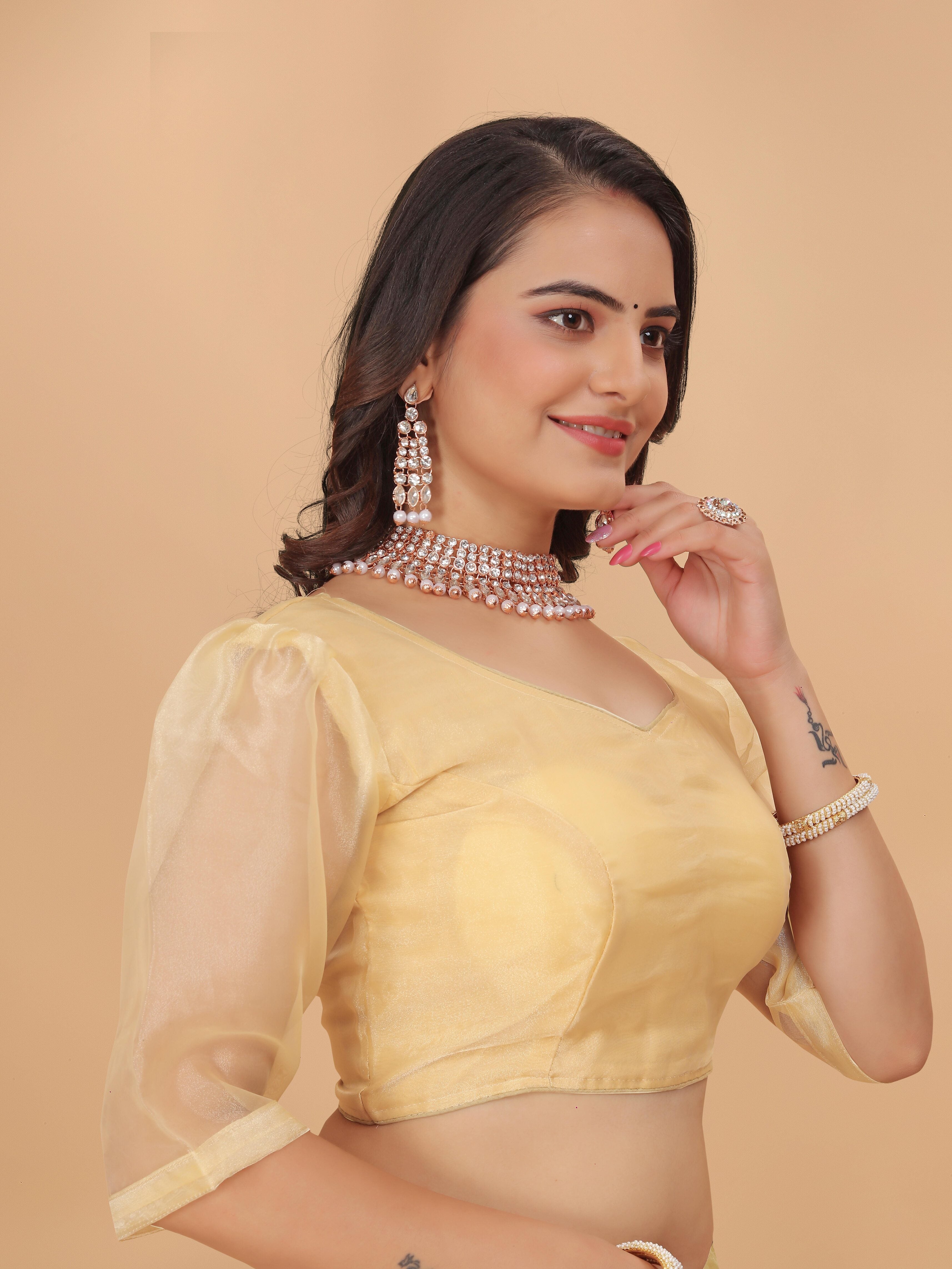 MK Women's Organza Stitched 3/4 Sleeve Blouse (net Sleeves) for Casual Party & Festive Wedding Regular Fit for Women & Ladies Pack of 1.