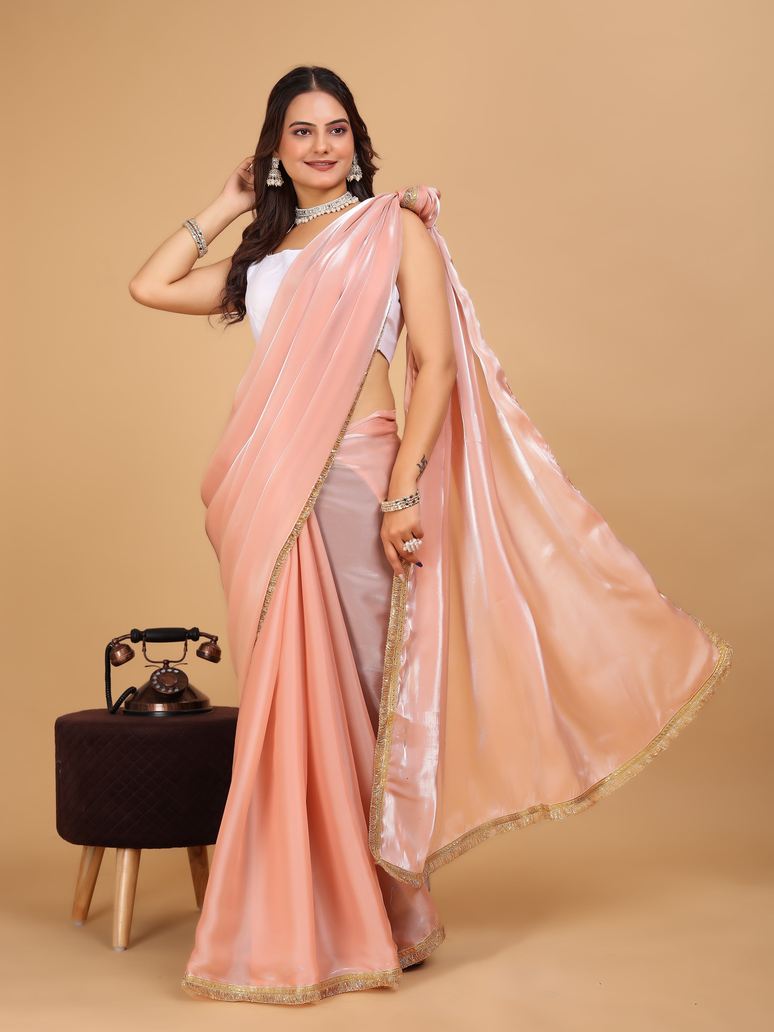 MK WOMEN'S Latest Ethnic wear Jimmychoo Saree With Lace Border Saree With Blouse Piece Pack Of 1.