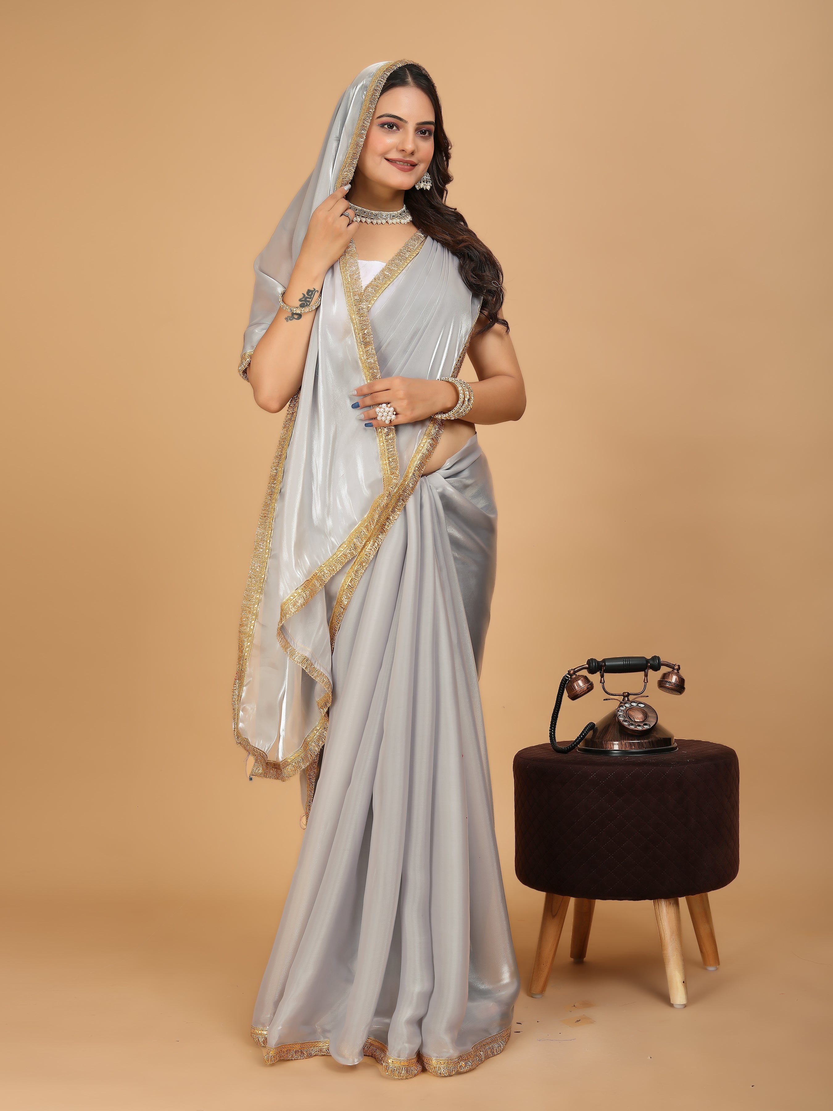 MK WOMEN'S Latest Ethnic wear Jimmychoo Saree With Lace Border Saree With Blouse Piece Pack Of 1.