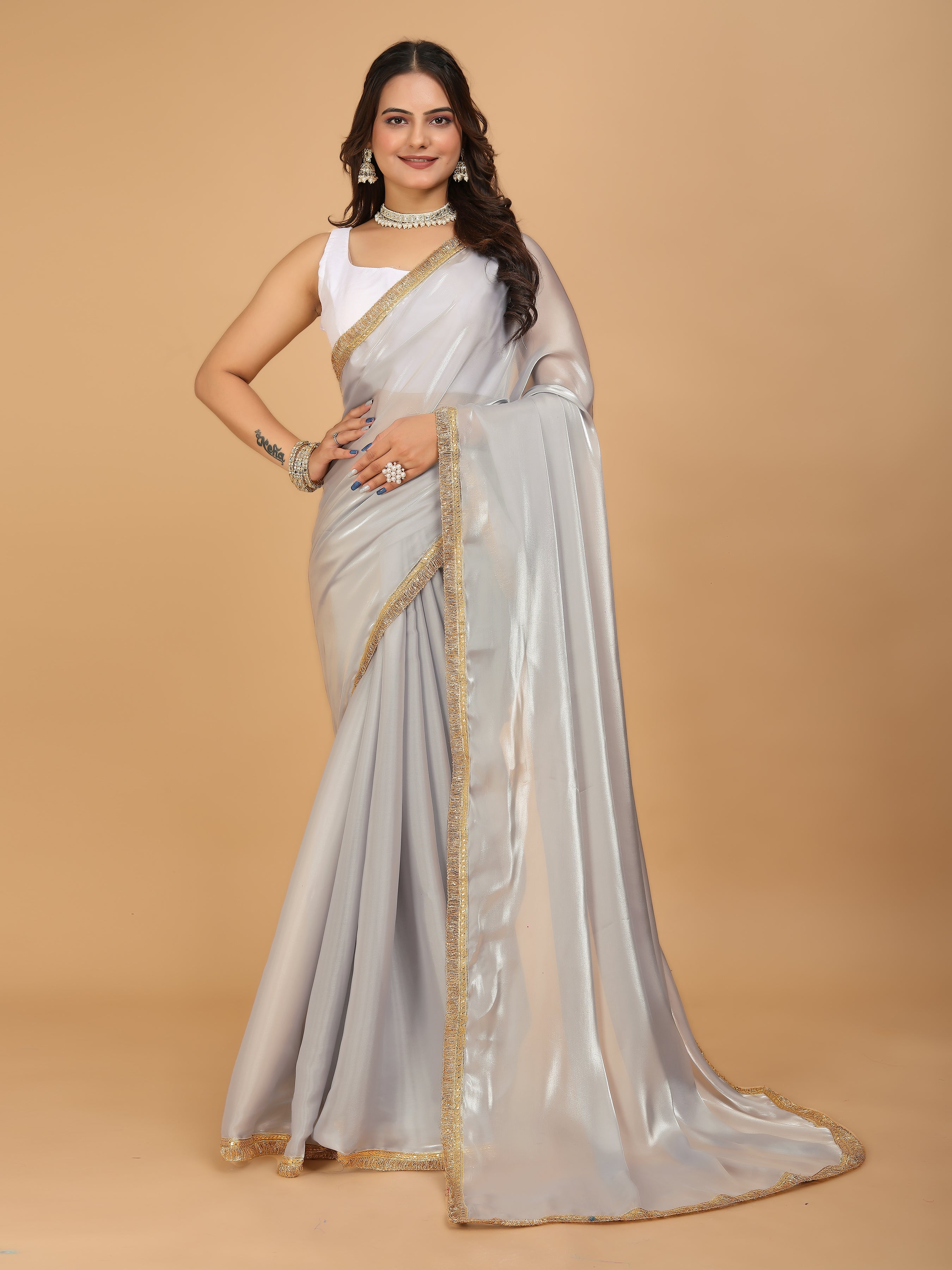 MK WOMEN'S Latest Ethnic wear Jimmychoo Saree With Lace Border Saree With Blouse Piece Pack Of 1.